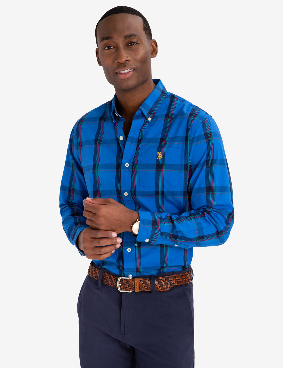 Men's Multi-Color Plaid Cotton Poplin Shirt with Embroidered Logo