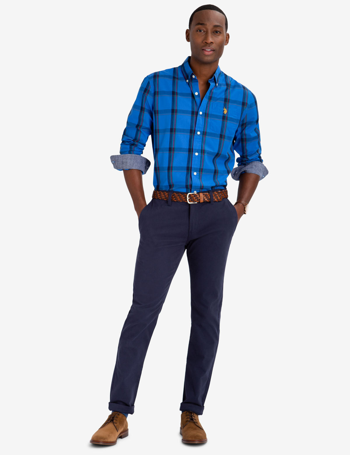 Men's Multi-Color Plaid Cotton Poplin Shirt with Embroidered Logo