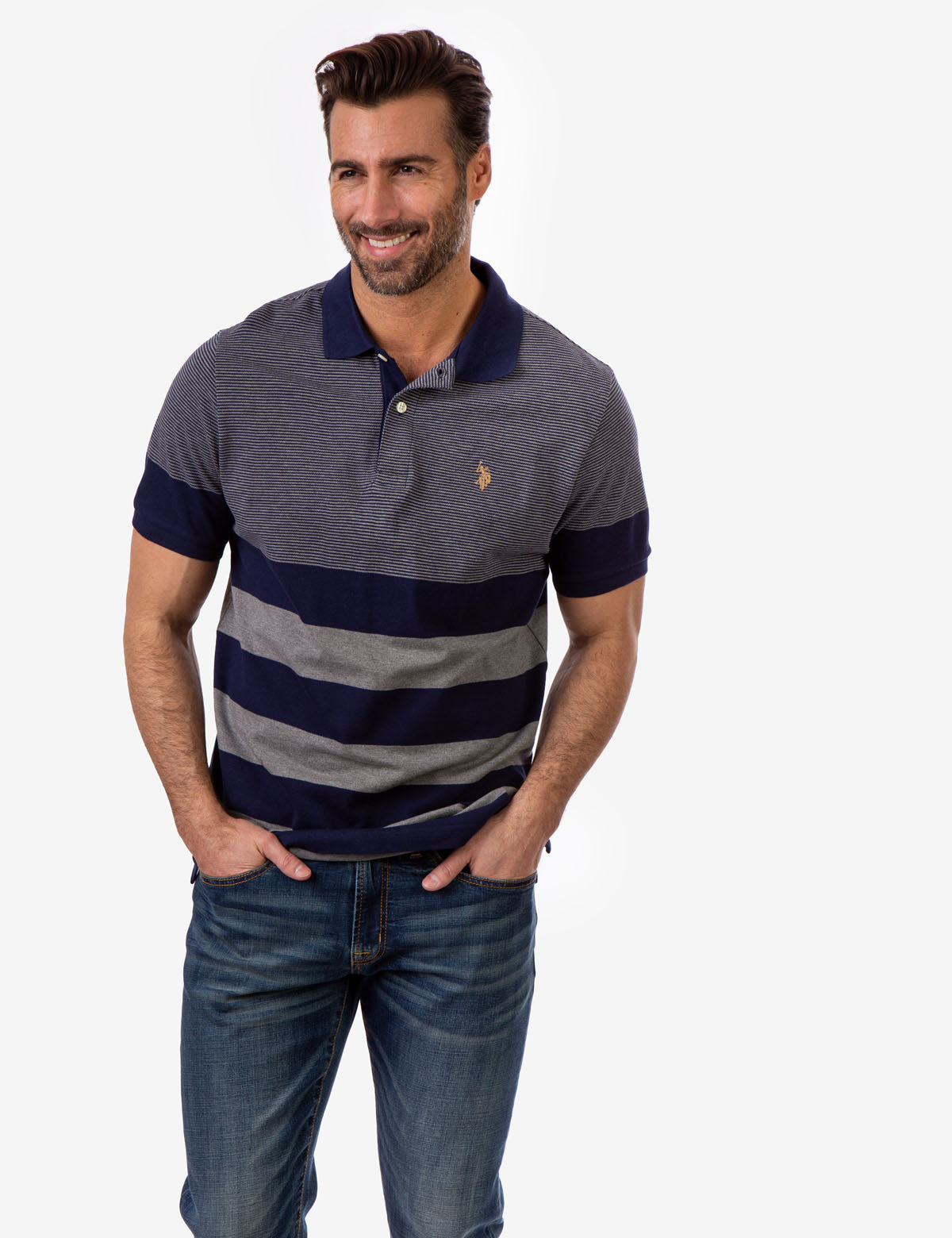 USPA Multi-Stripe Polo Shirt - Classic Fit, Button Placket