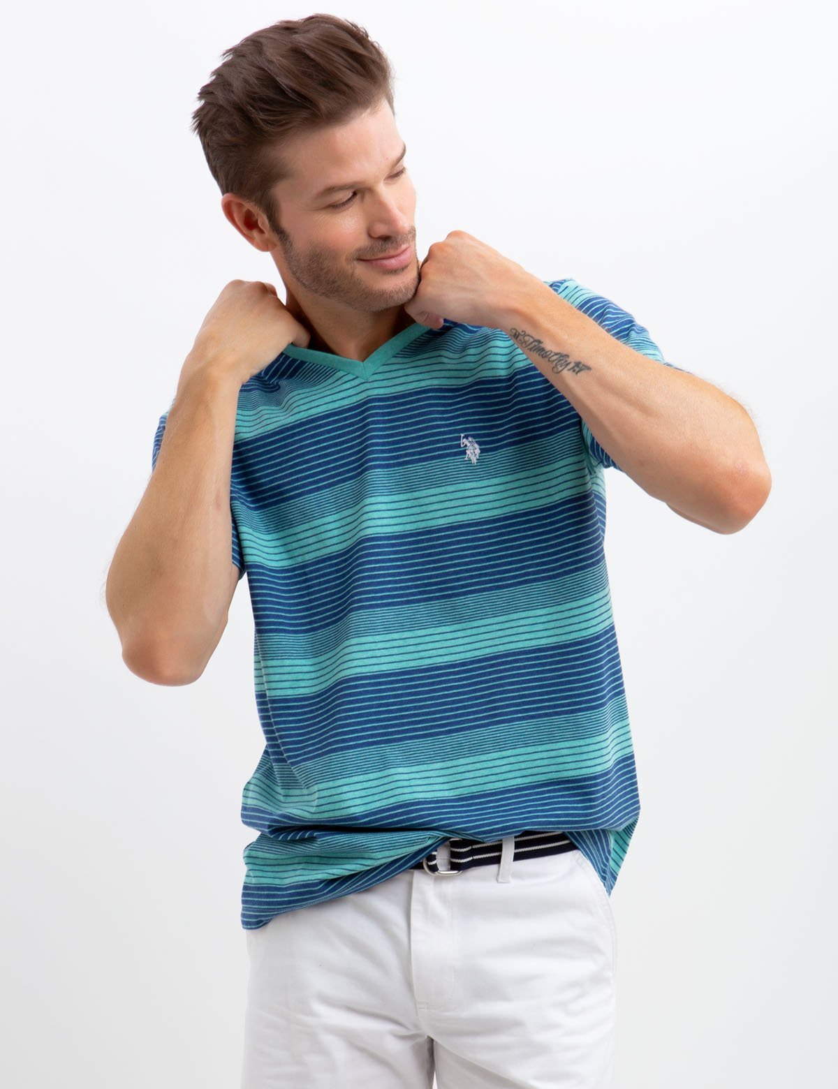 Men's Striped V-Neck T-Shirt with Embroidered Logo