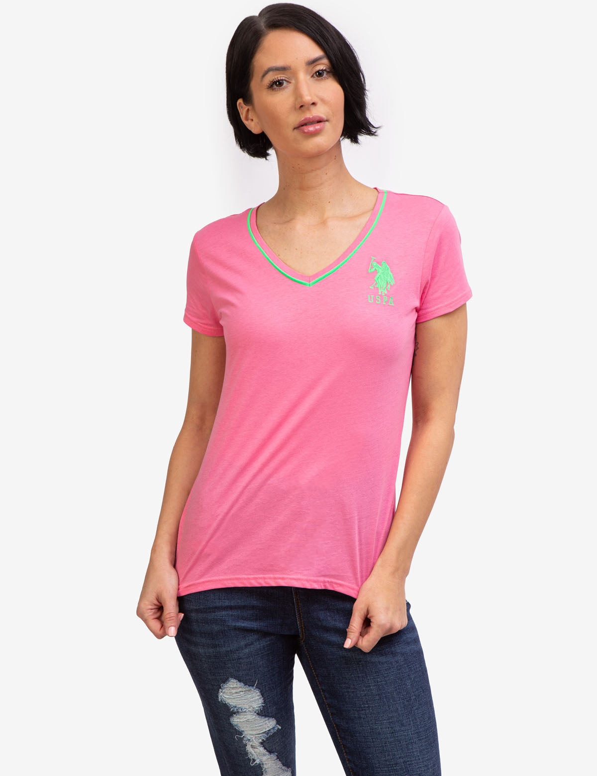 Neon Embroidered Logo V-Neck T-Shirt