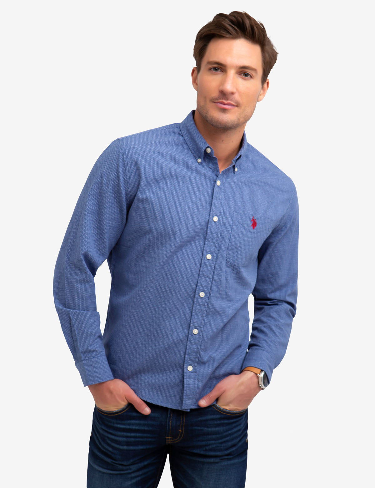 Men's No-Tuck Dobby Textured Cotton Shirt