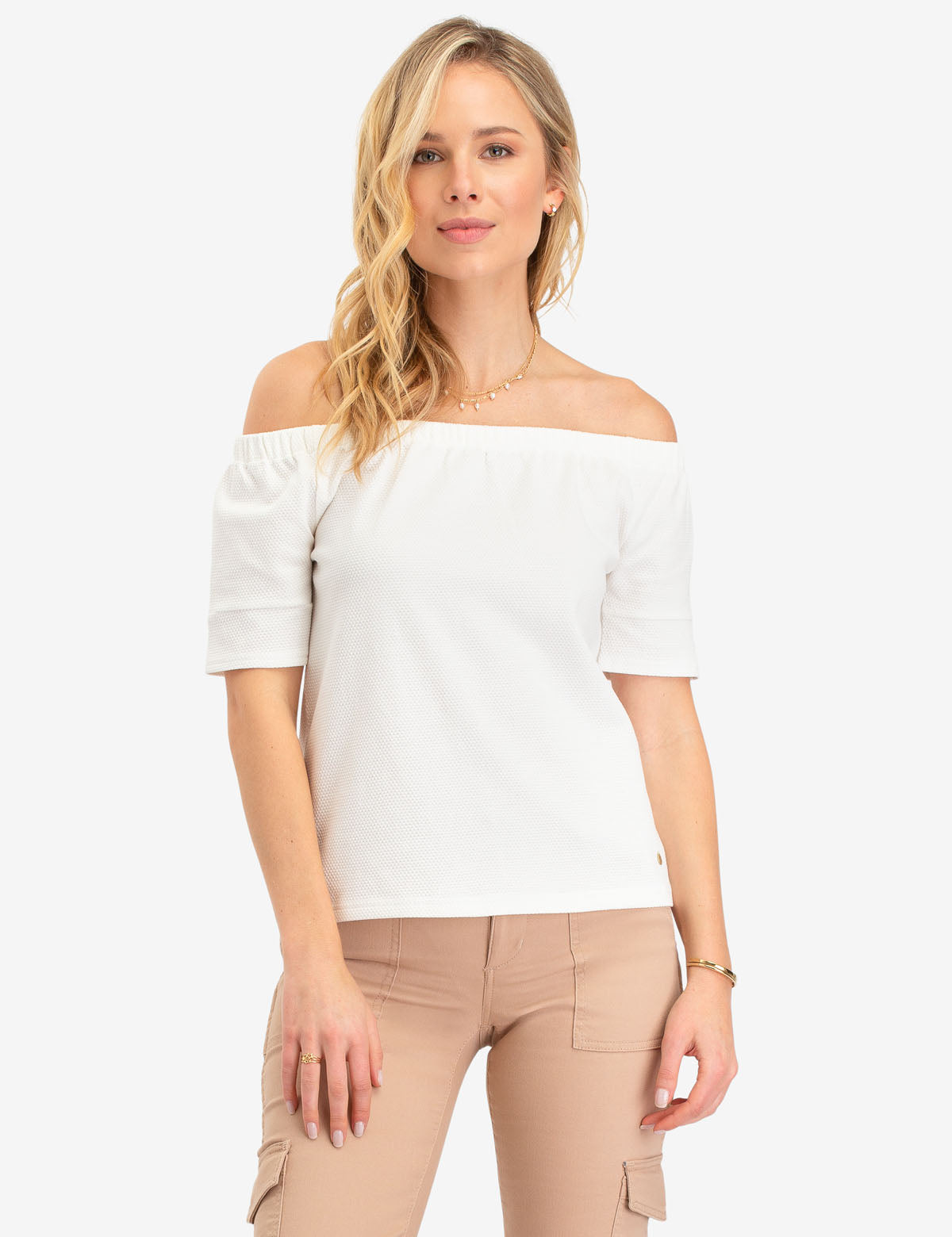 Women's Cotton Off Shoulder Top with Tassel Neckline & Smocked Hem