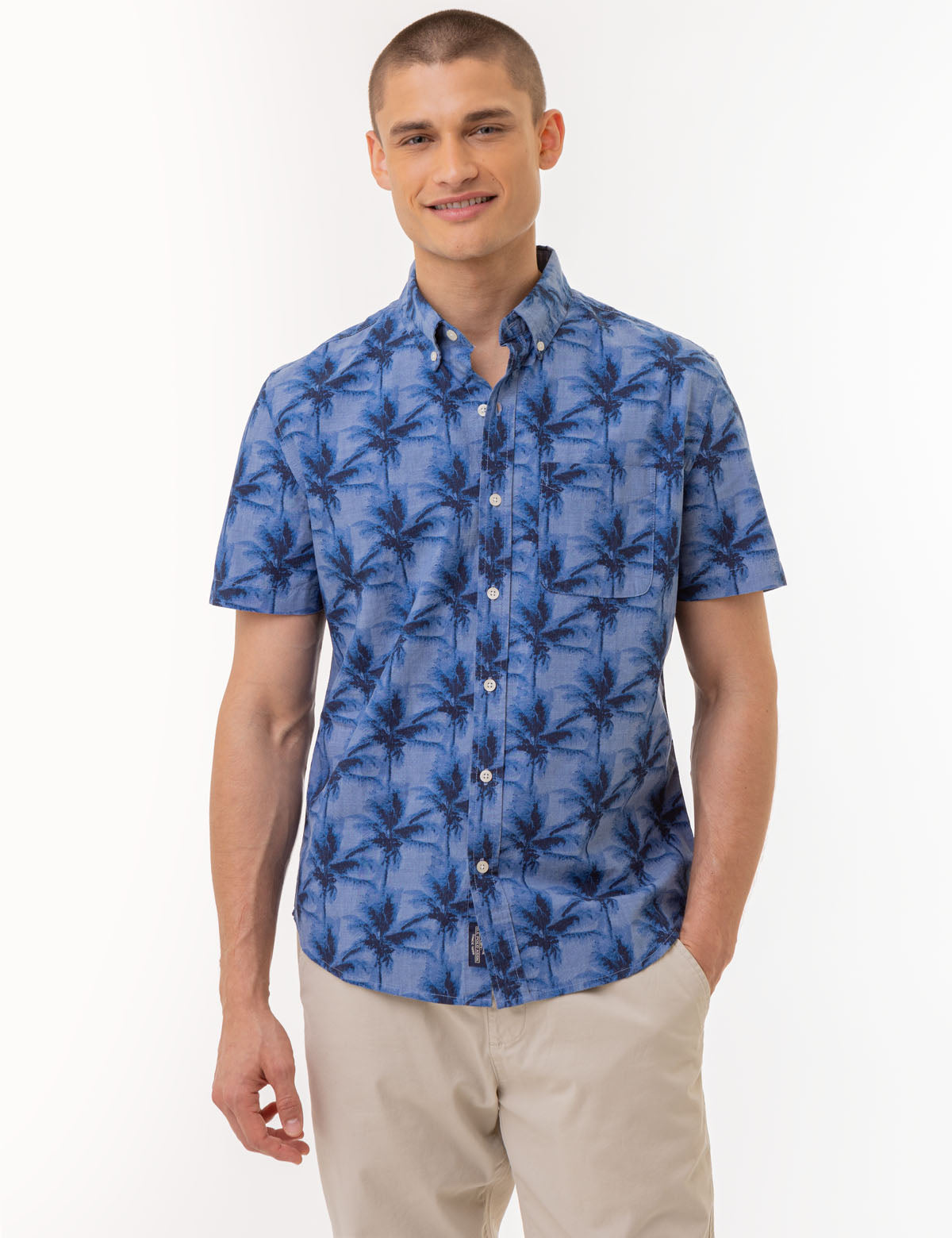 Men's Palm Tree Print Chambray Shirt - 100% Cotton Woven Top