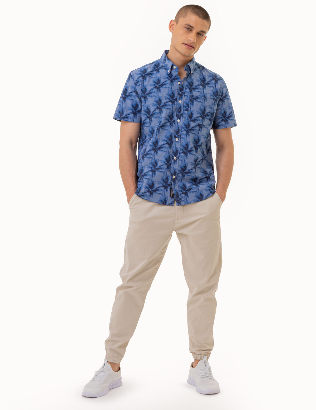 Men's Palm Tree Print Chambray Shirt - 100% Cotton Woven Top