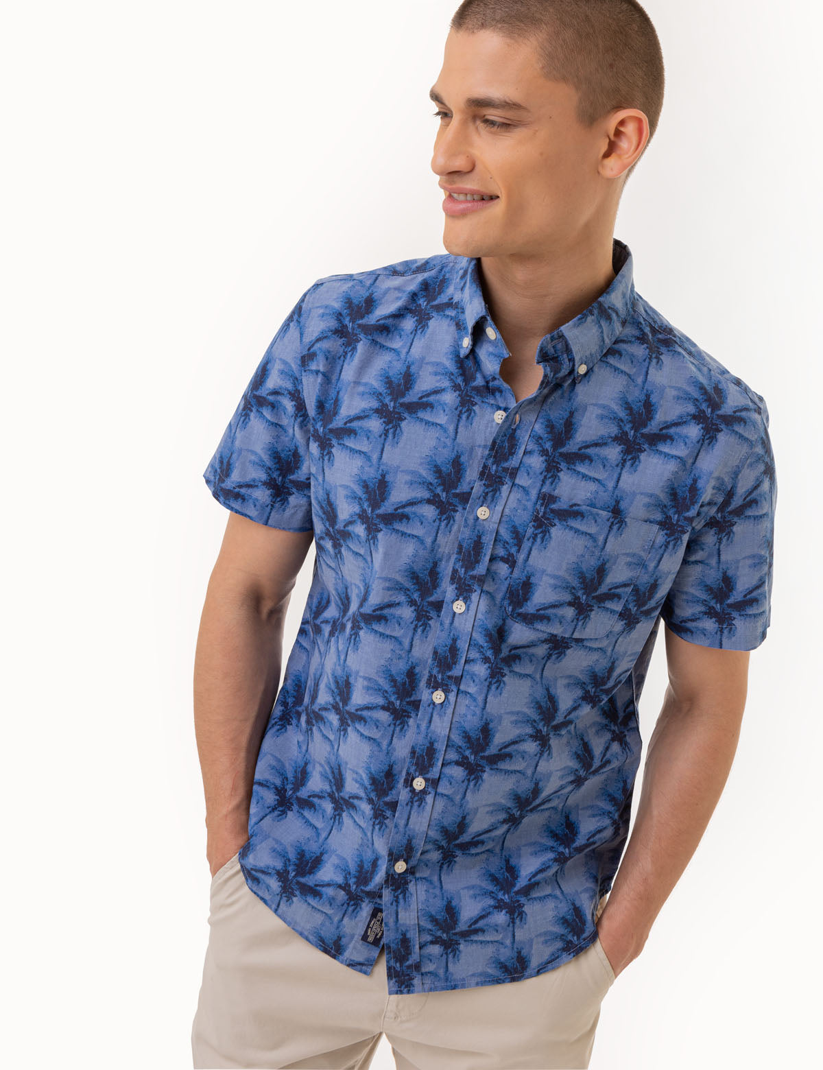 Men's Palm Tree Print Chambray Shirt - 100% Cotton Woven Top