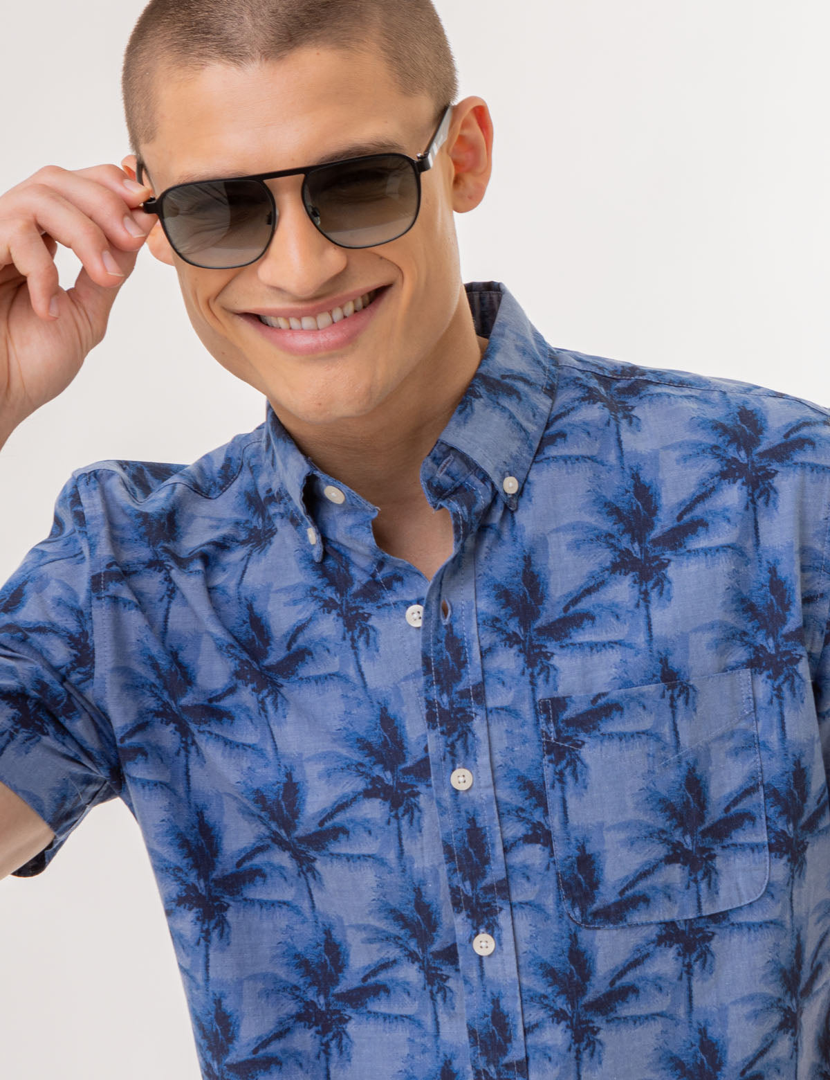 Men's Palm Tree Print Chambray Shirt - 100% Cotton Woven Top