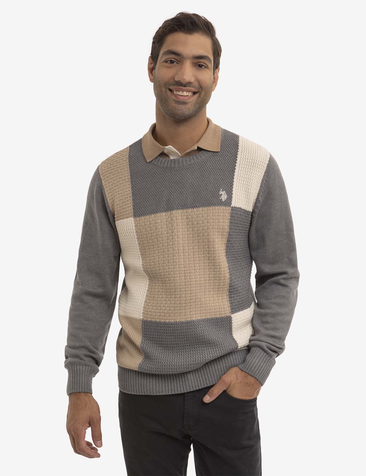 Patchwork Knit Crew Neck Sweater