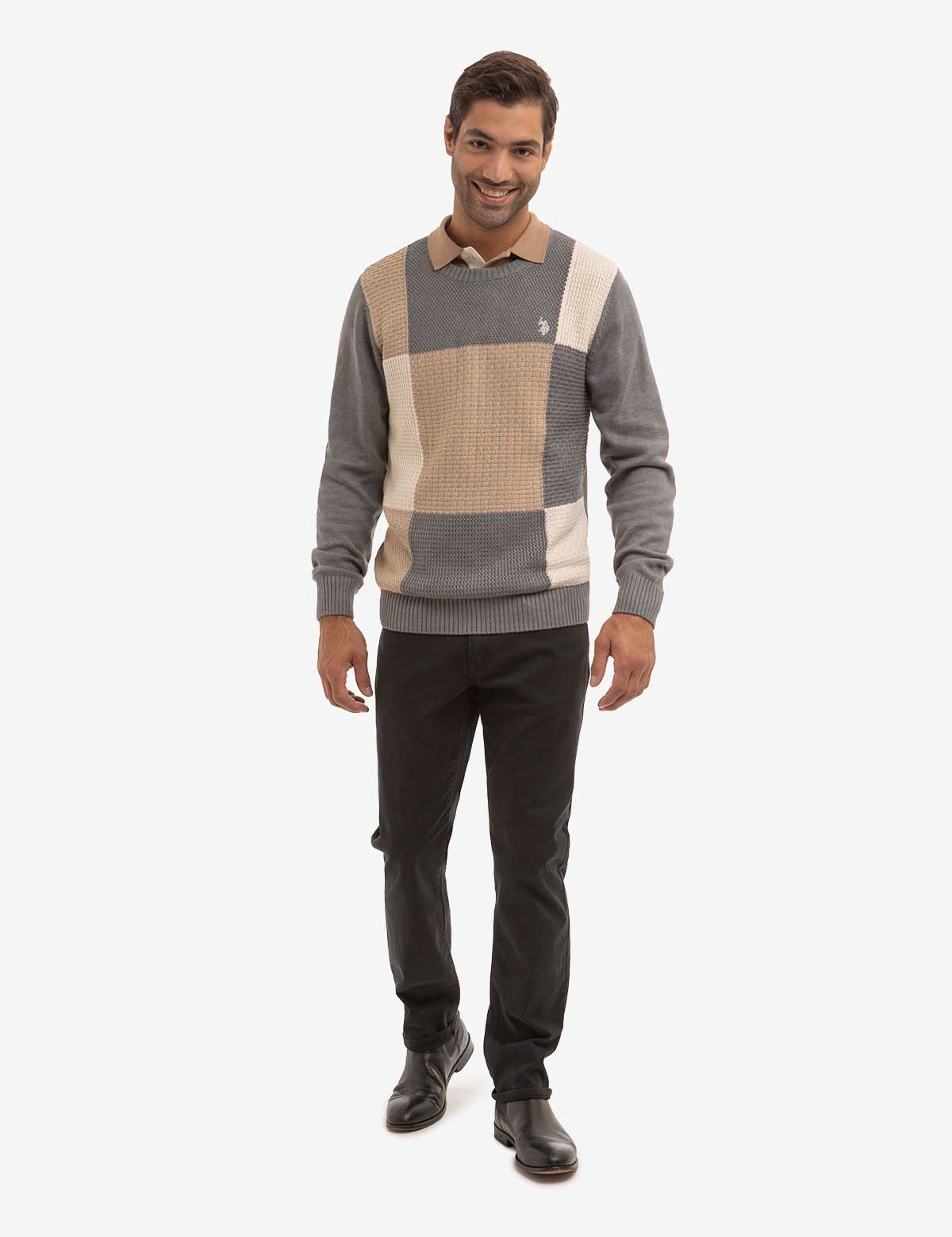 Patchwork Knit Crew Neck Sweater