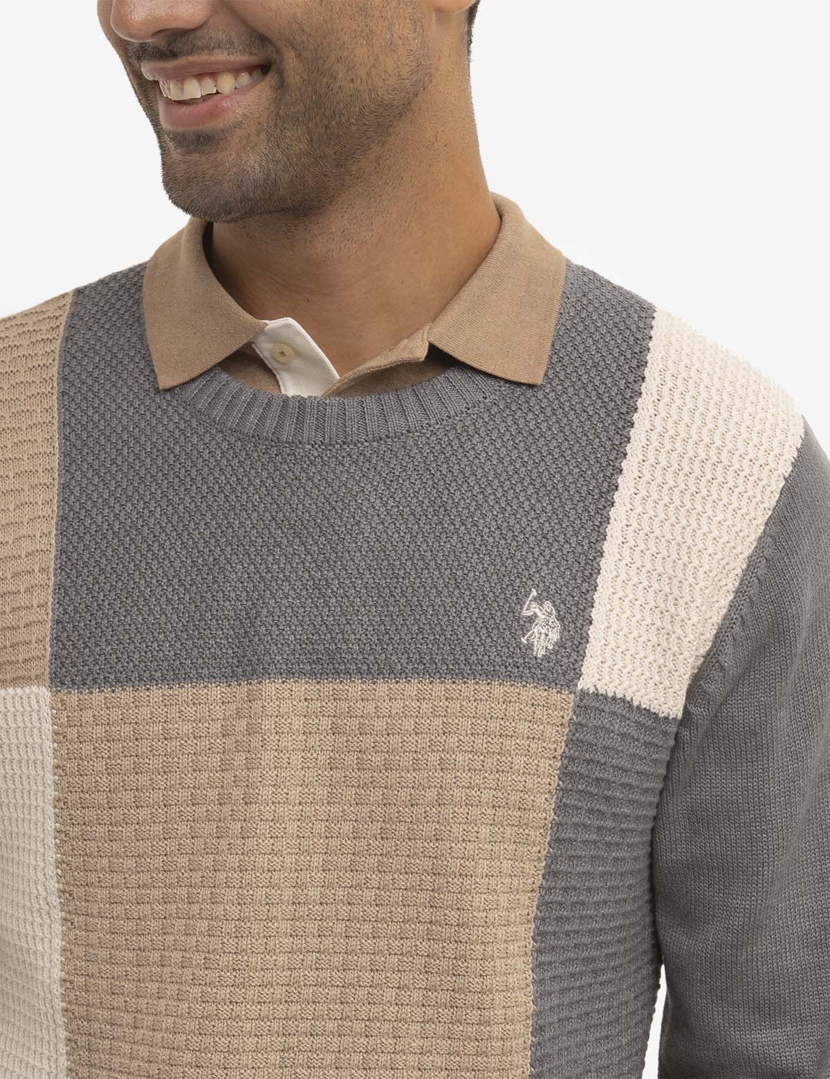 Patchwork Knit Crew Neck Sweater