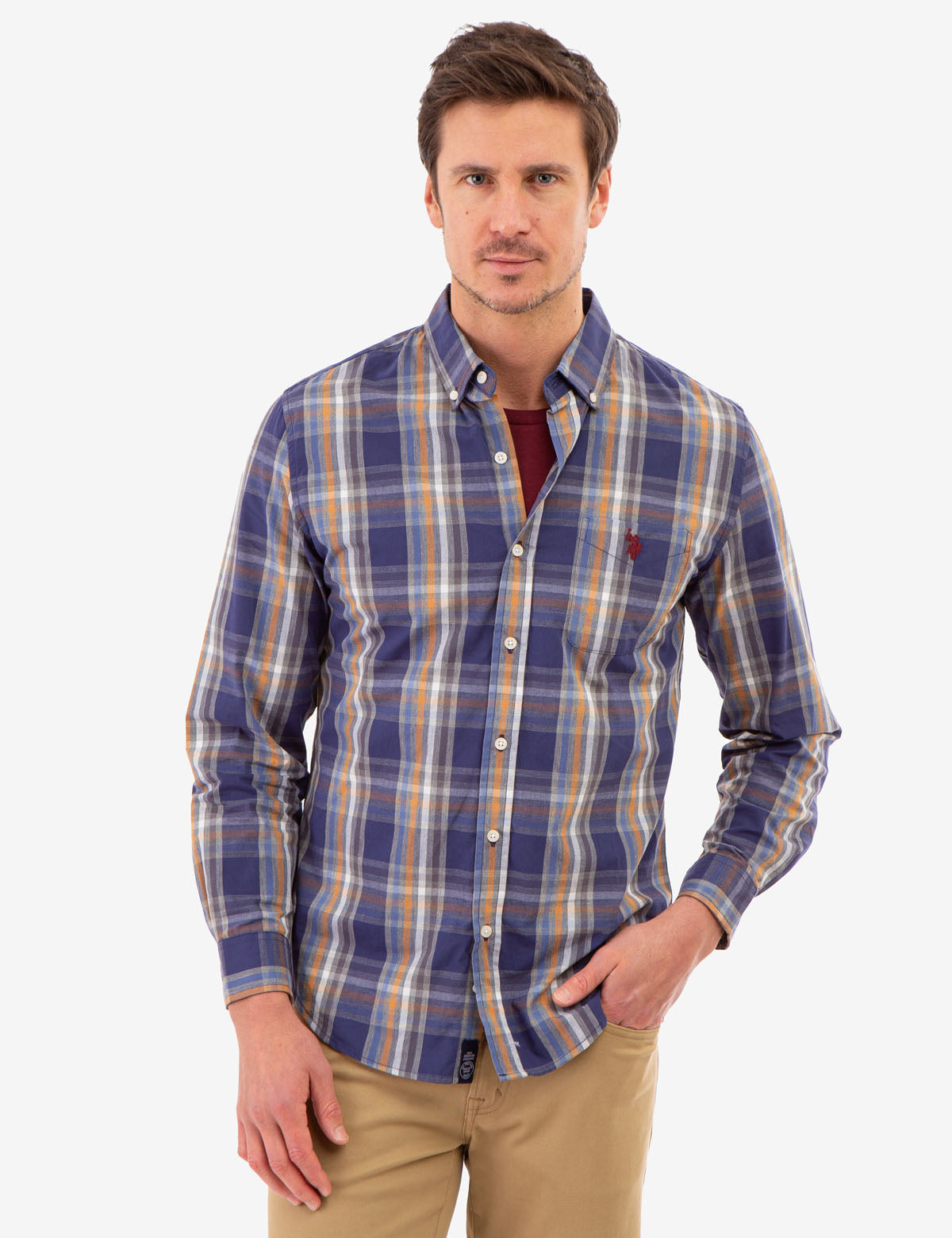Men's Cotton Plaid Long Sleeve Shirt - Peached Poplin & Button Cuffs