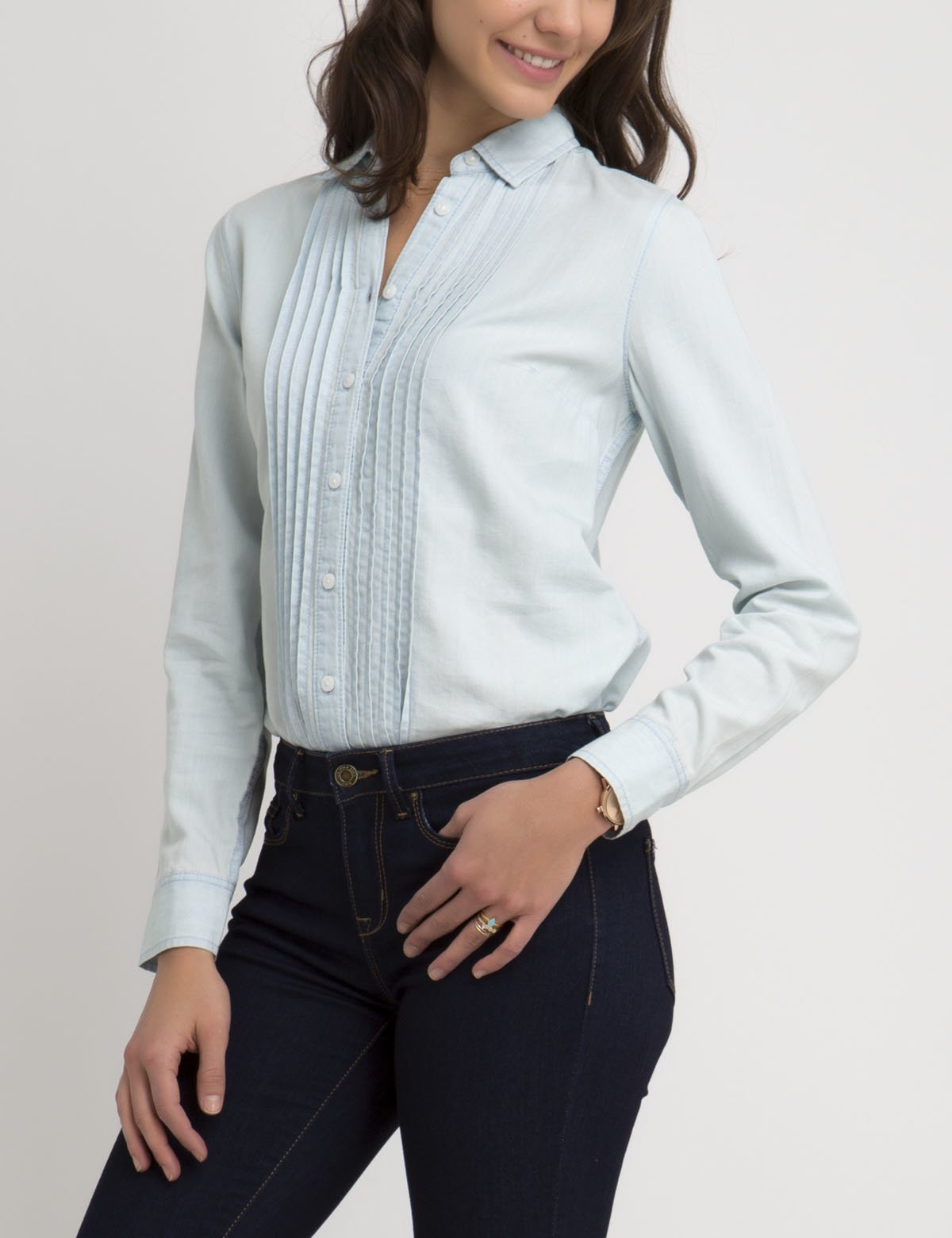 Women's Pintuck Denim Shirt - Lightweight Cotton Tencel Blend