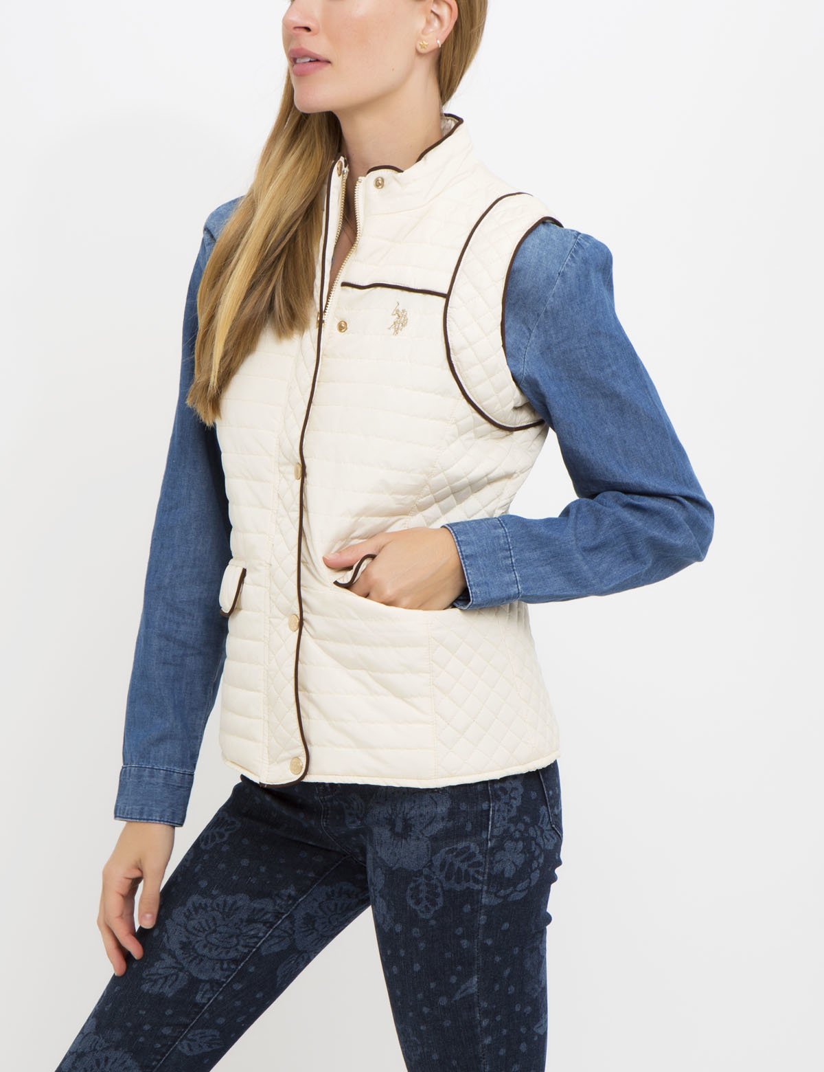 Men's Piped Quilted Vest - Sleeveless Zip-Up with Stand Collar & Pockets