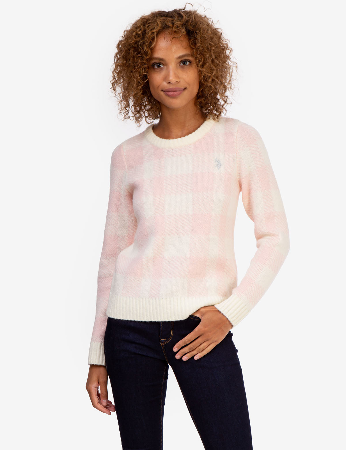Plaid Ribbed Crew Neck Sweater with Embroidered Logo
