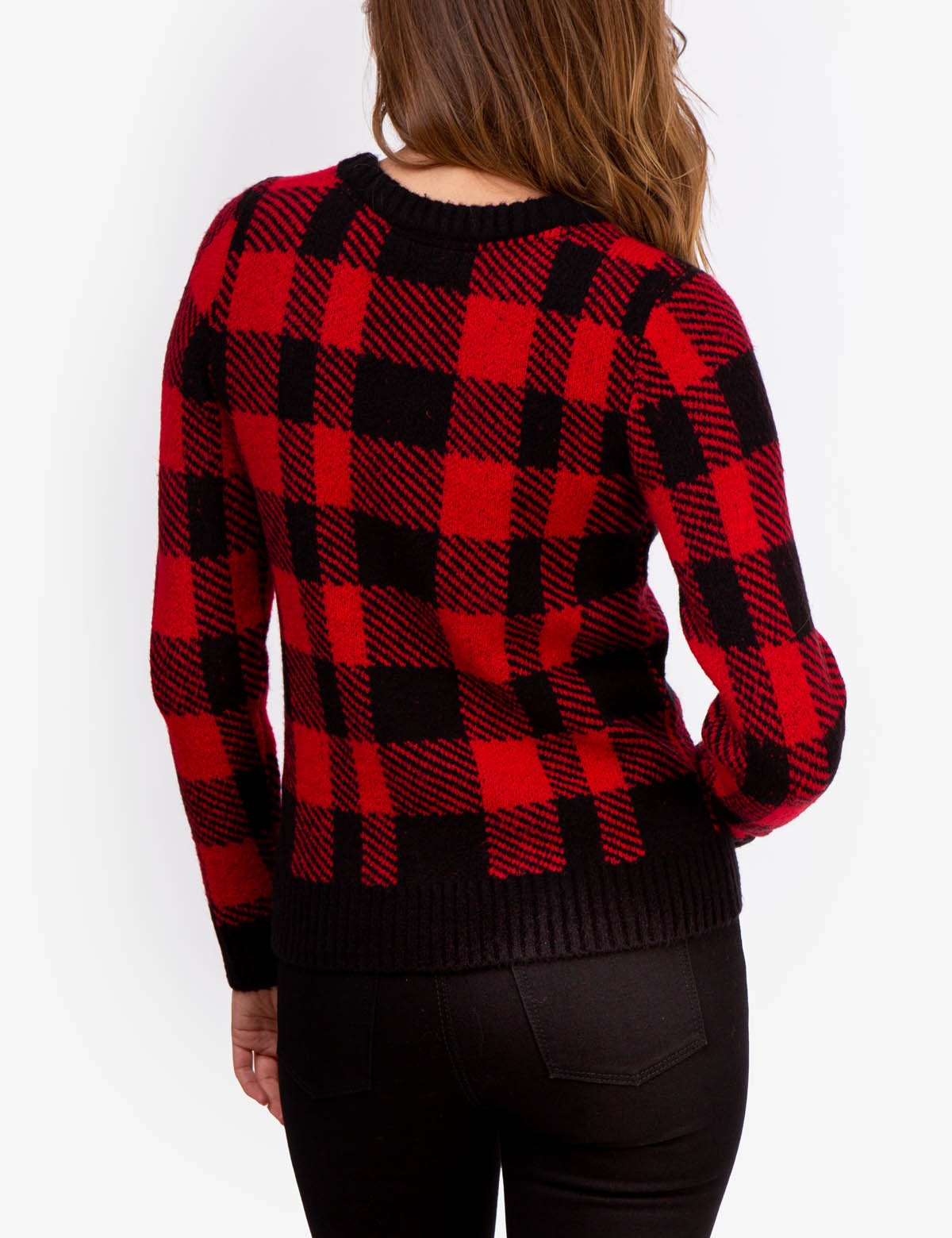 Plaid Ribbed Crew Neck Sweater with Embroidered Logo