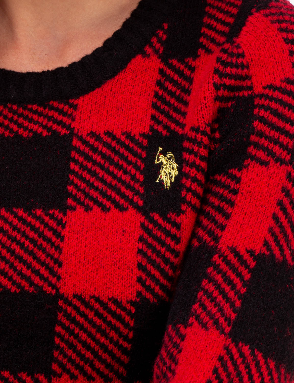 Plaid Ribbed Crew Neck Sweater with Embroidered Logo