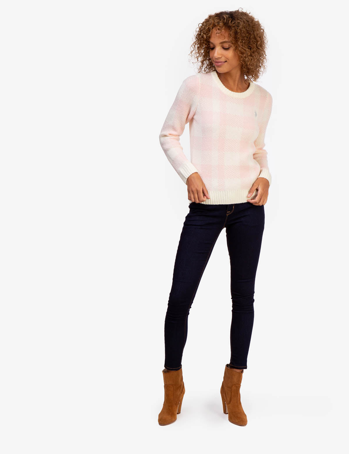 Plaid Ribbed Crew Neck Sweater with Embroidered Logo