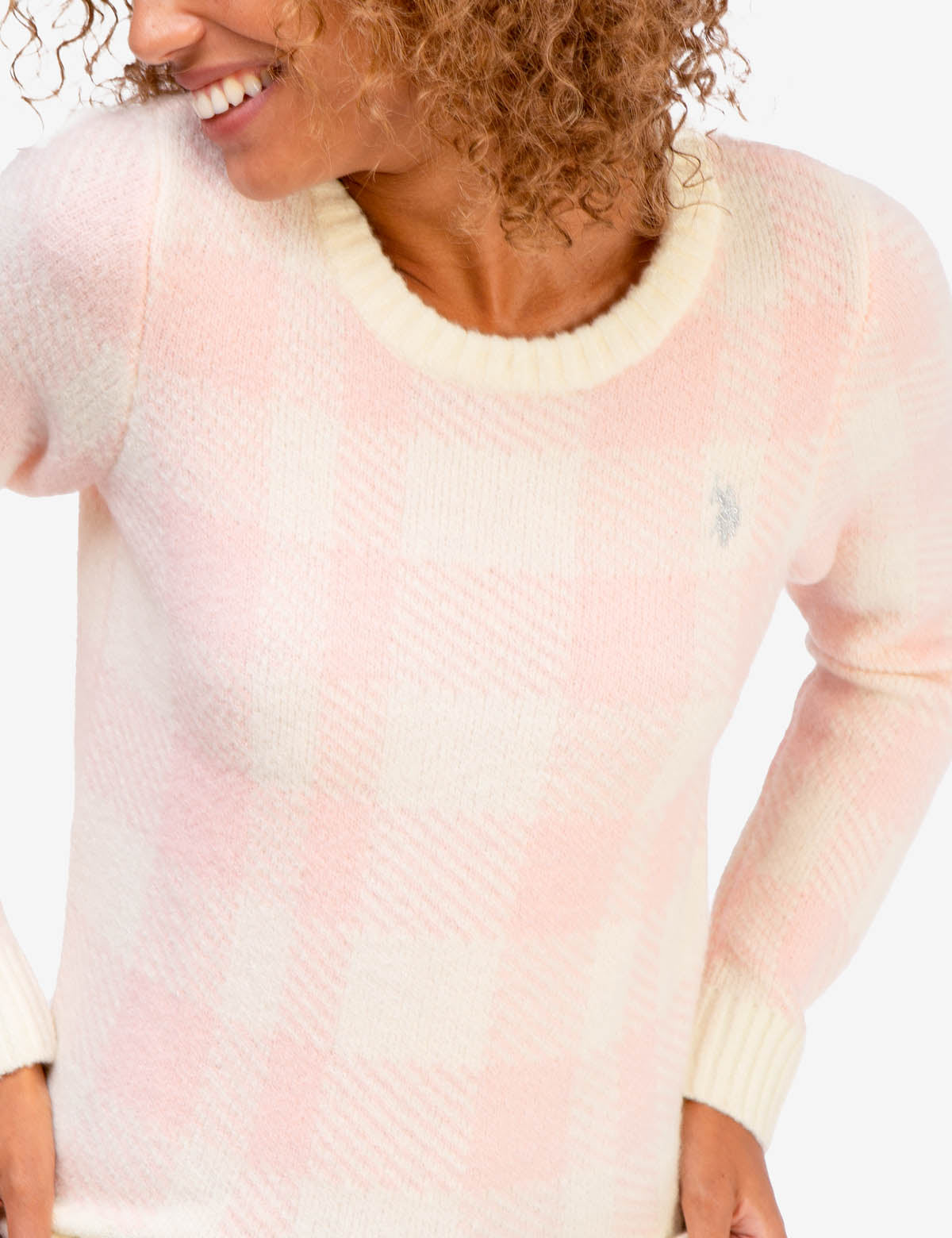 Plaid Ribbed Crew Neck Sweater with Embroidered Logo