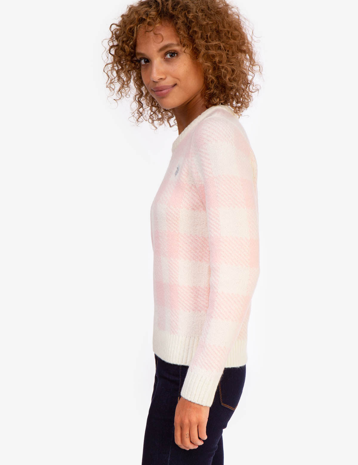 Plaid Ribbed Crew Neck Sweater with Embroidered Logo