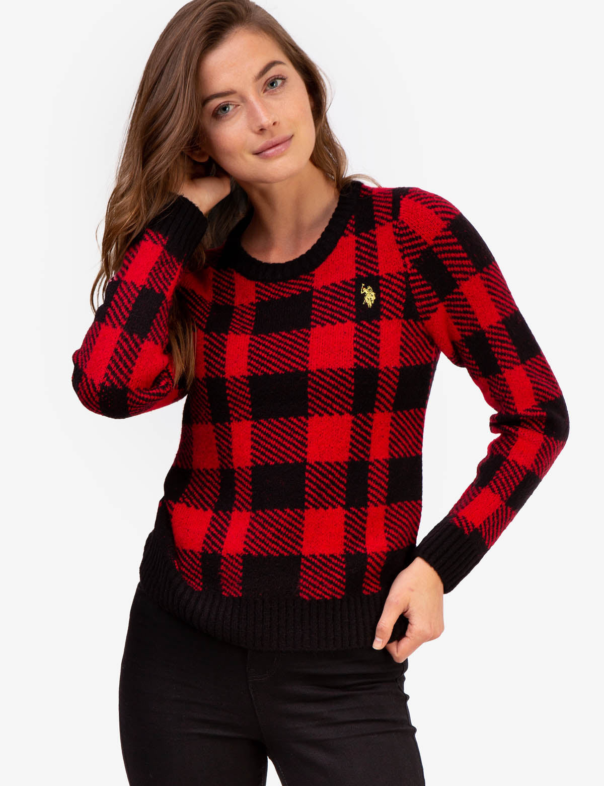 Plaid Ribbed Crew Neck Sweater with Embroidered Logo