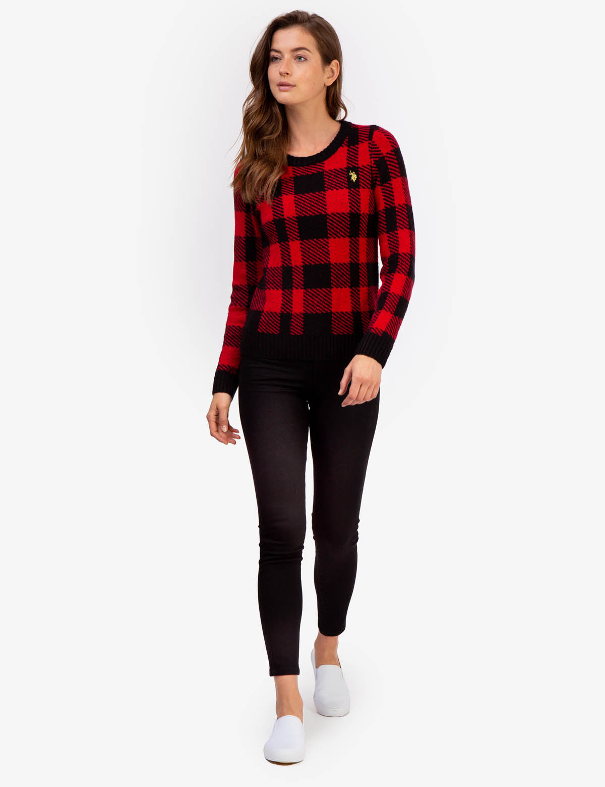 Plaid Ribbed Crew Neck Sweater with Embroidered Logo