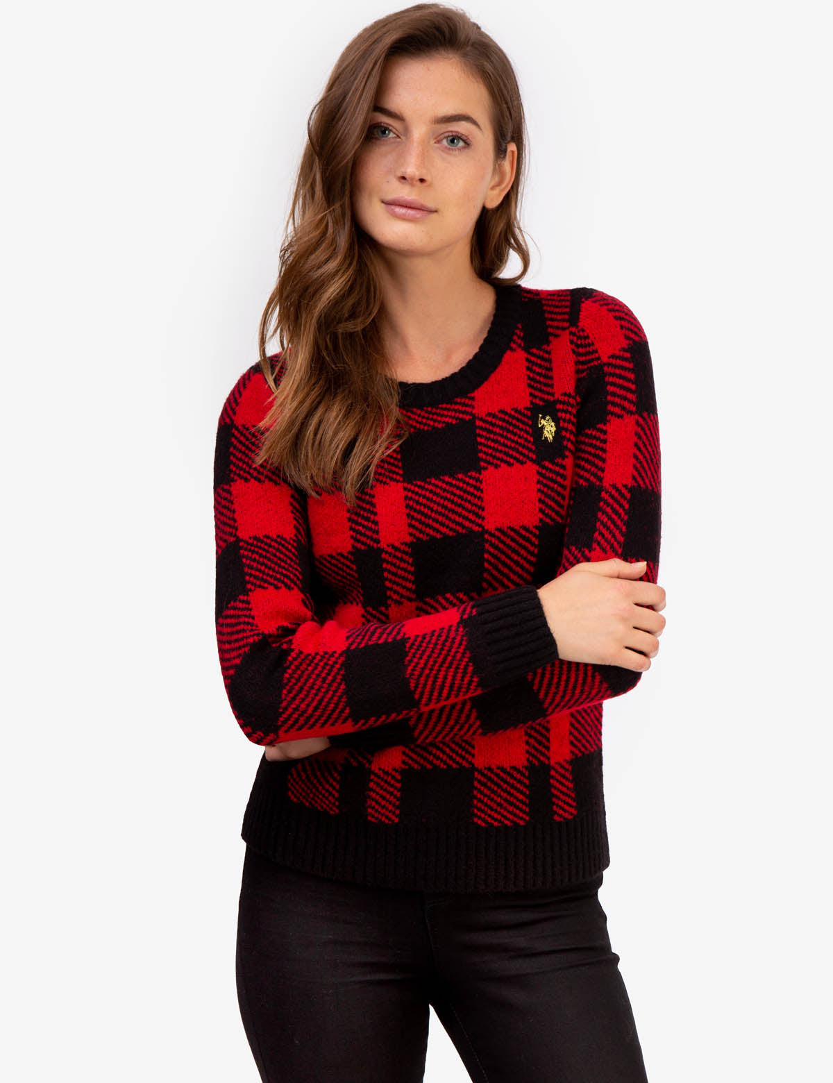 Plaid Ribbed Crew Neck Sweater with Embroidered Logo