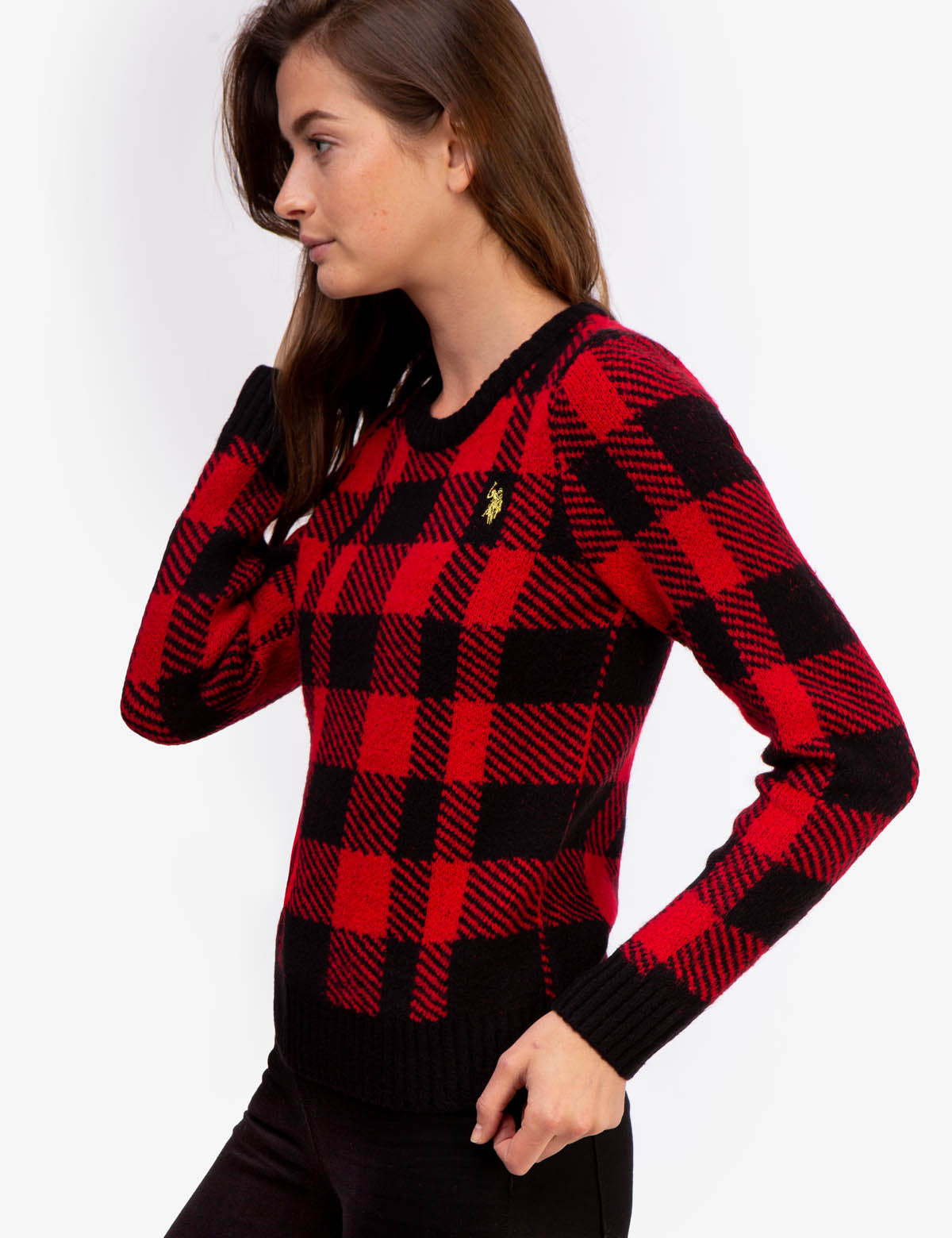 Plaid Ribbed Crew Neck Sweater with Embroidered Logo
