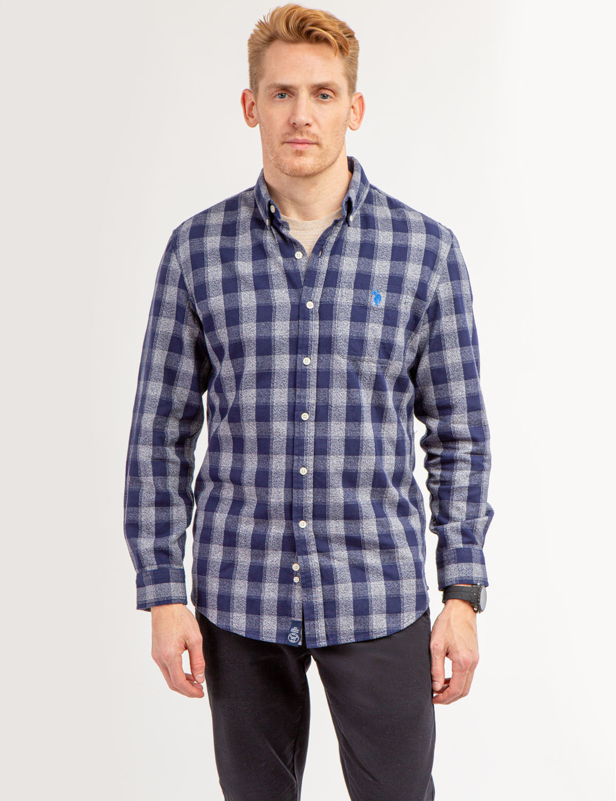 Plaid Jaspe Cotton Long Sleeve Shirt for Men