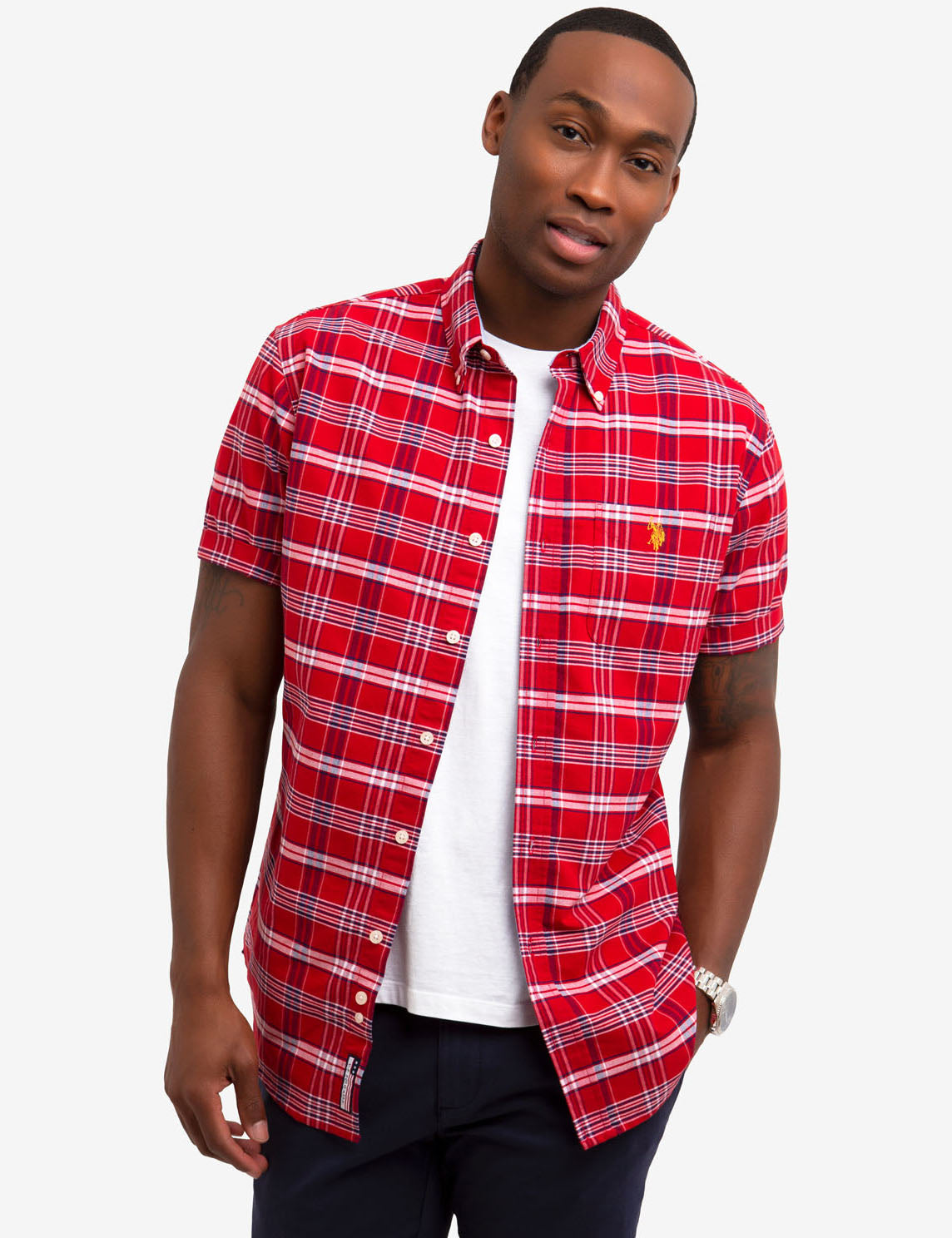 Men's Plaid Oxford Shirt with Embroidered Logo & Chambray Collar