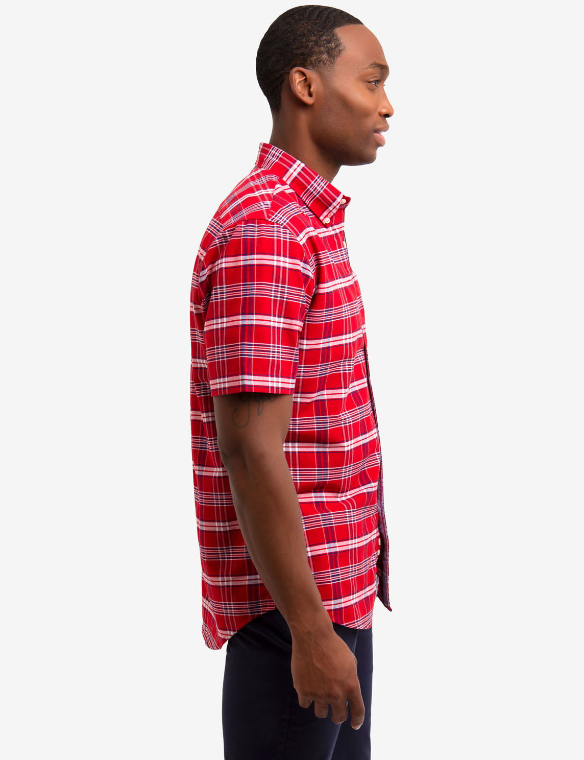 Men's Plaid Oxford Shirt with Embroidered Logo & Chambray Collar