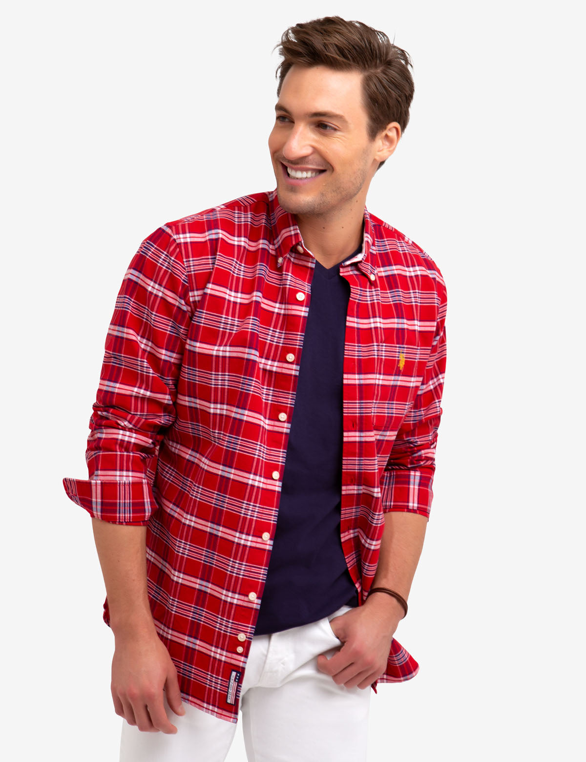 Men's Plaid Oxford Shirt with Embroidered Logo & Chambray Collar
