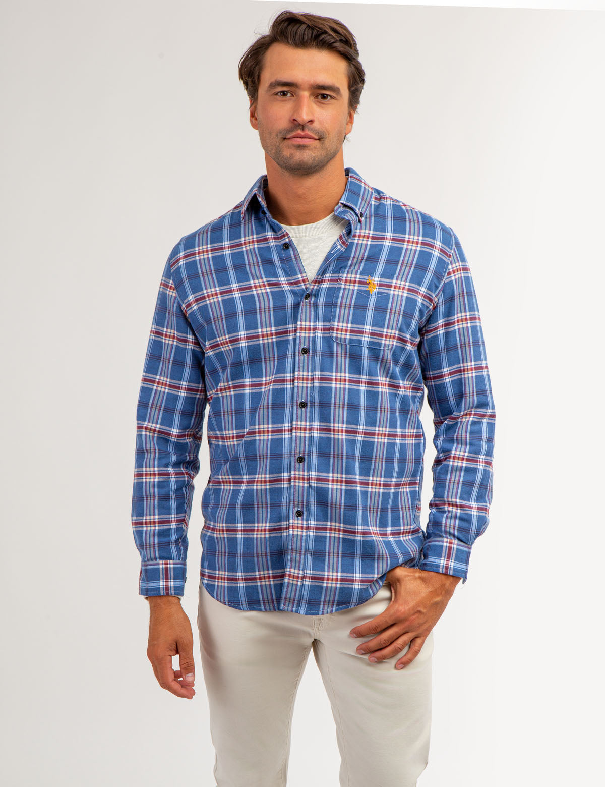 Men's Plaid Peached Twill Long Sleeve Shirt