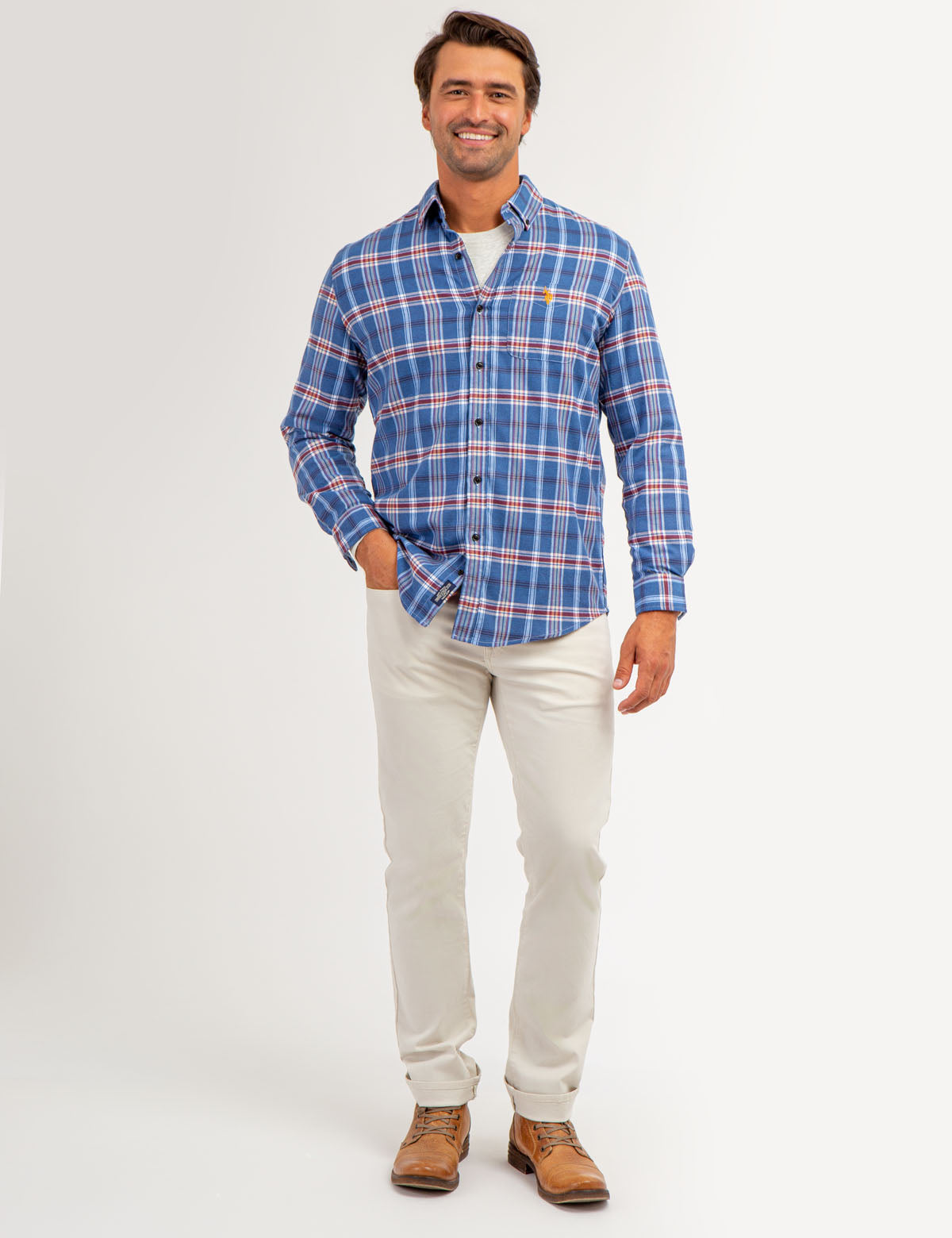 Men's Plaid Peached Twill Long Sleeve Shirt