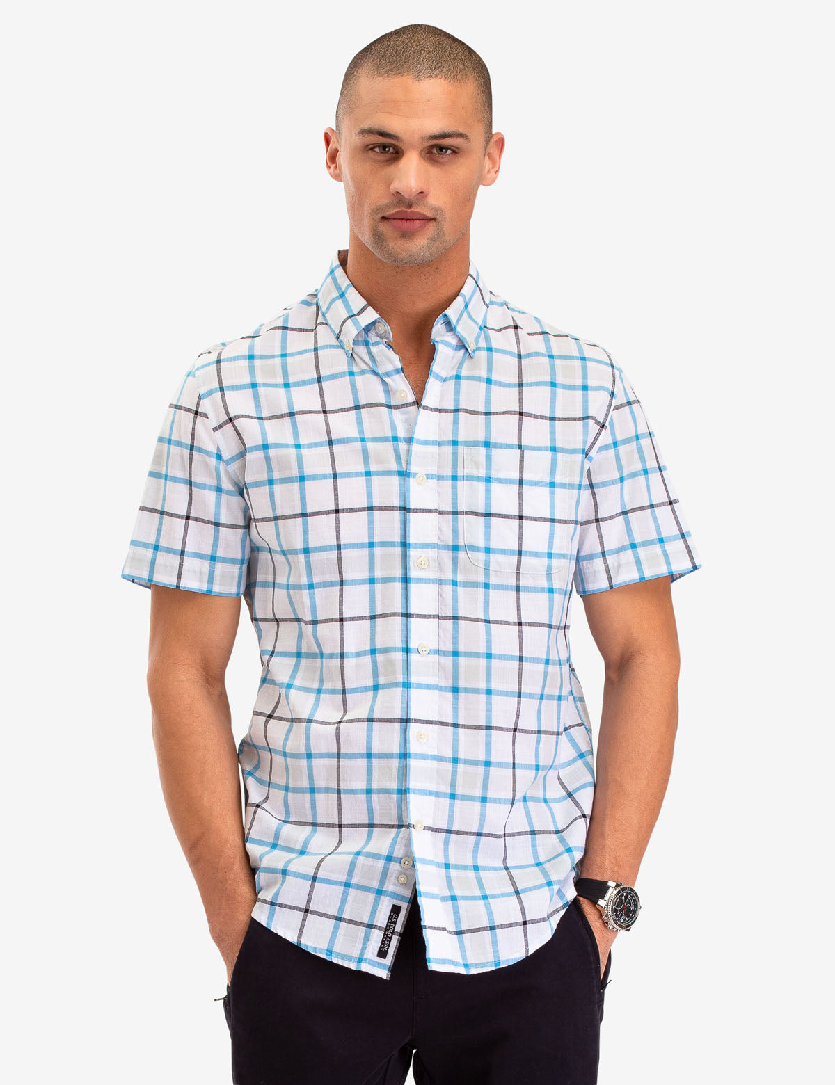 Men's Plaid Poplin Short Sleeve Shirt with Pocket