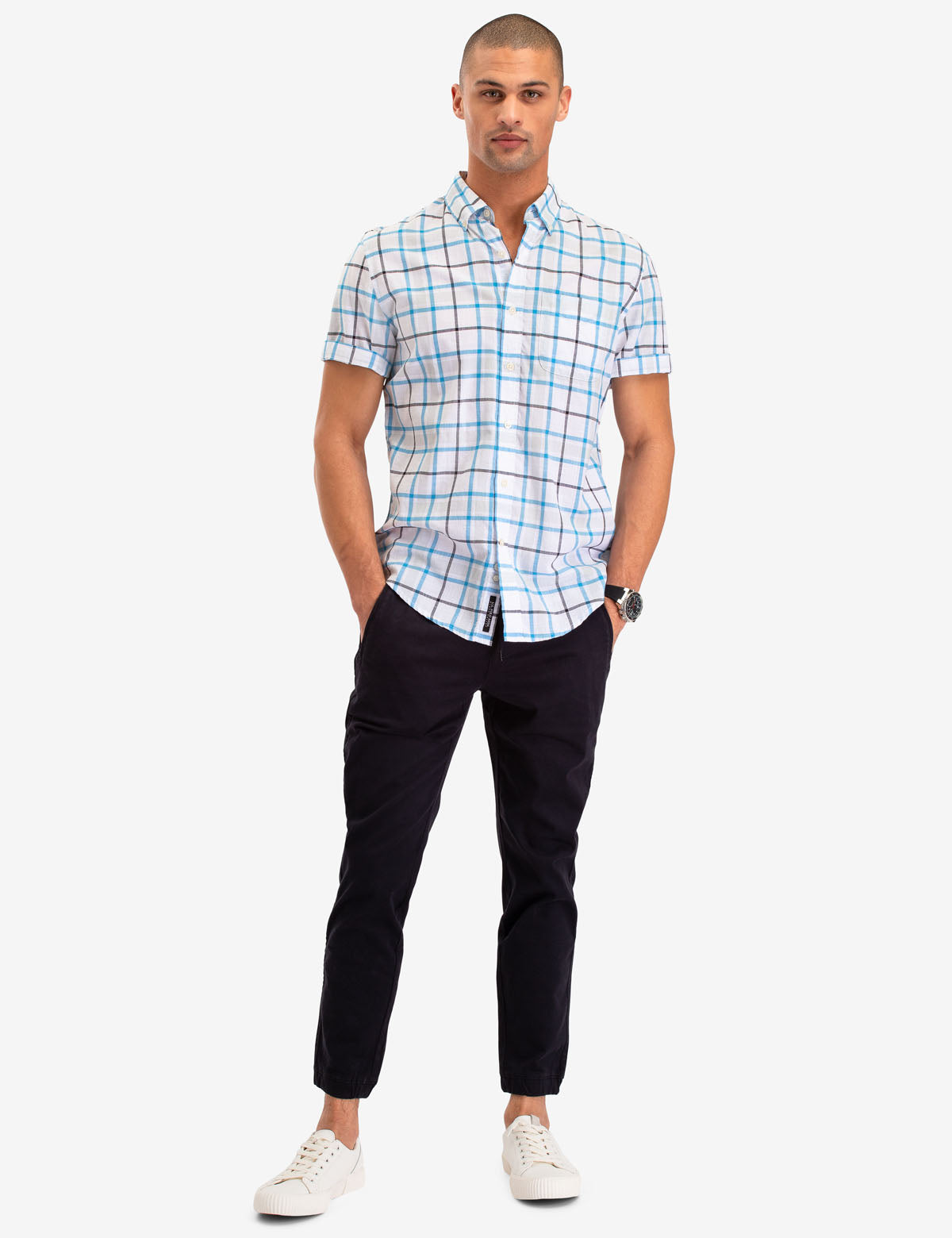 Men's Plaid Poplin Short Sleeve Shirt with Pocket