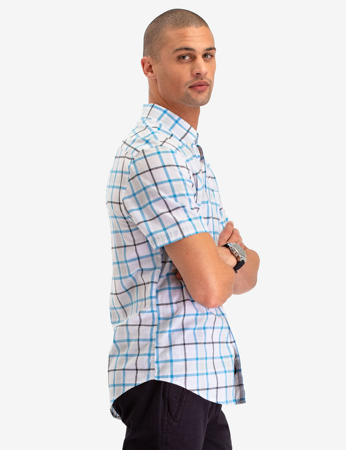 Men's Plaid Poplin Short Sleeve Shirt with Pocket