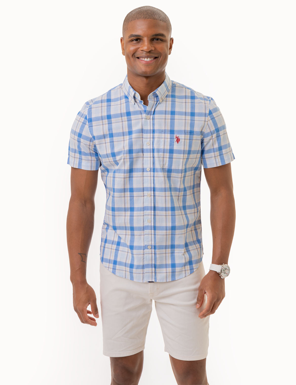 Men's Plaid Short Sleeve Poplin Shirt with Pocket
