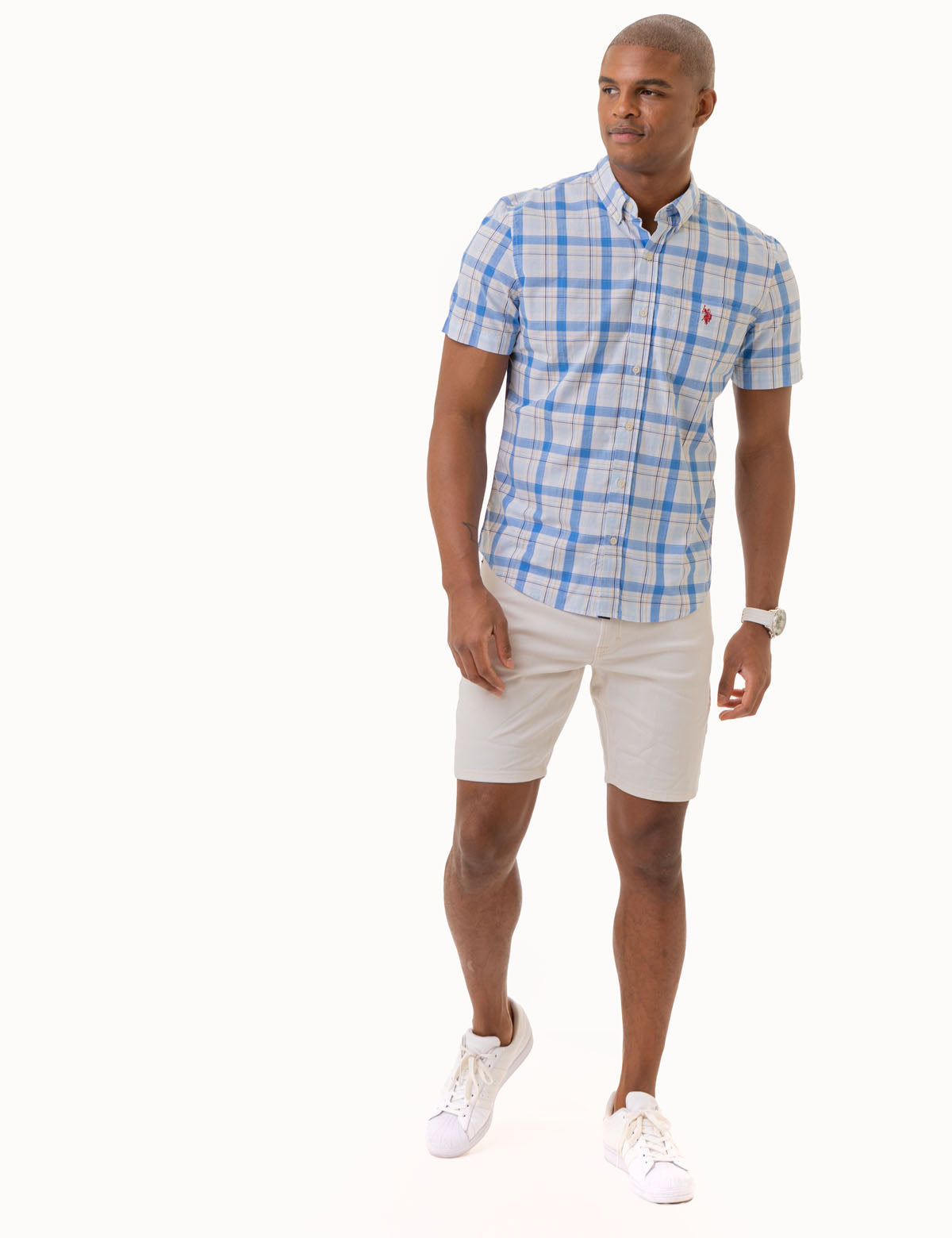 Men's Plaid Short Sleeve Poplin Shirt with Pocket
