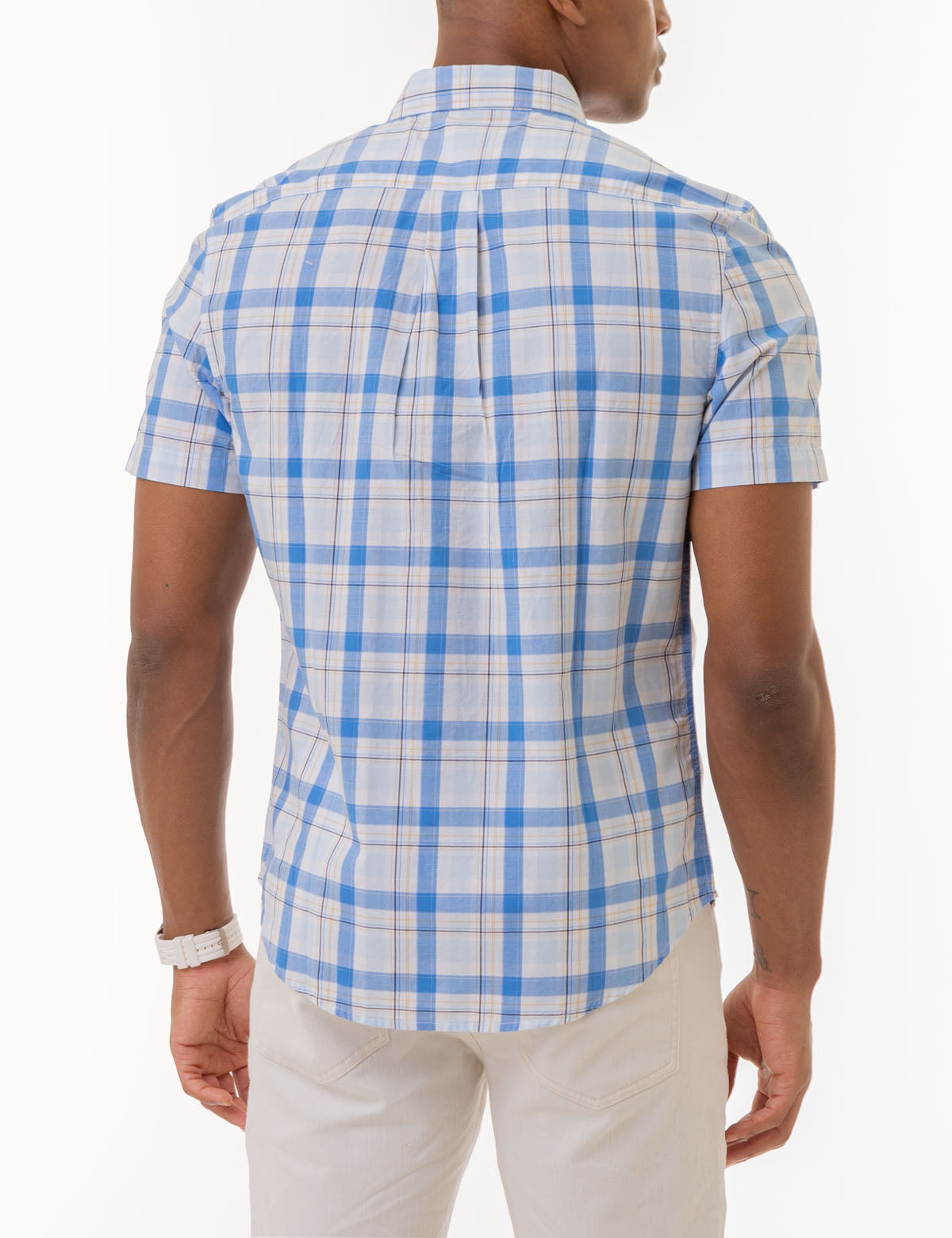Men's Plaid Short Sleeve Poplin Shirt with Pocket
