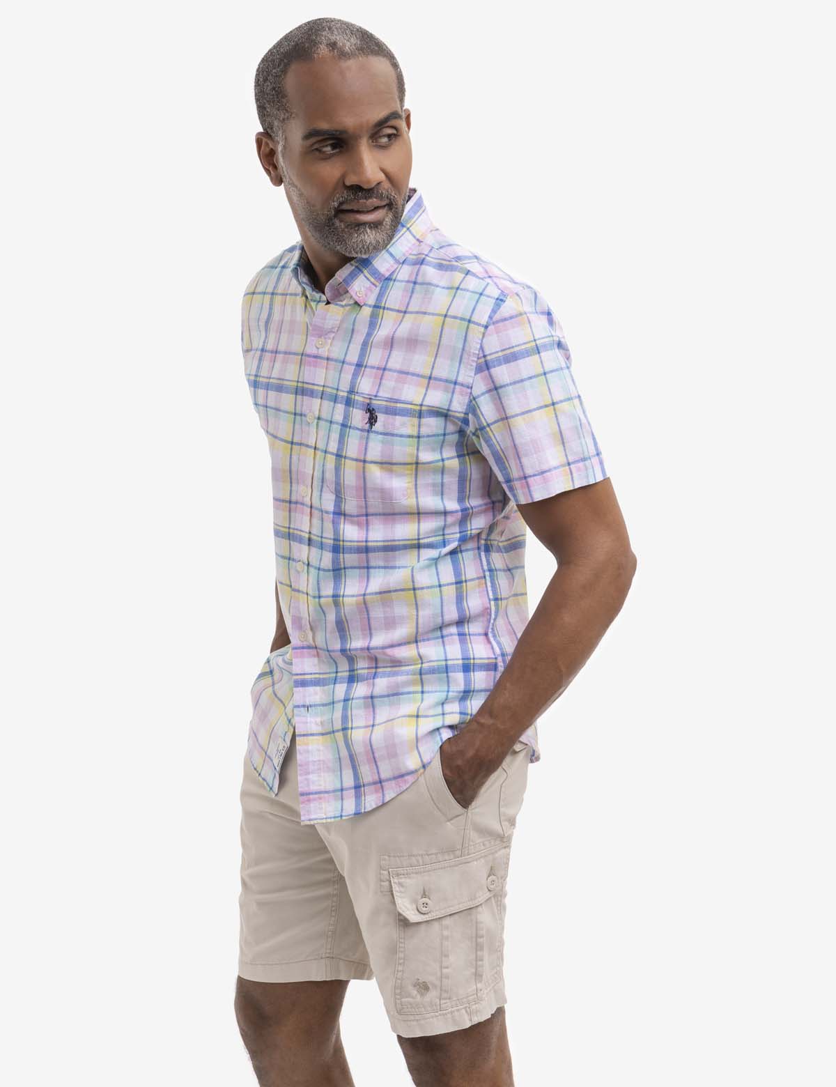 Men's Plaid Short Sleeve Poplin Shirt with Pocket