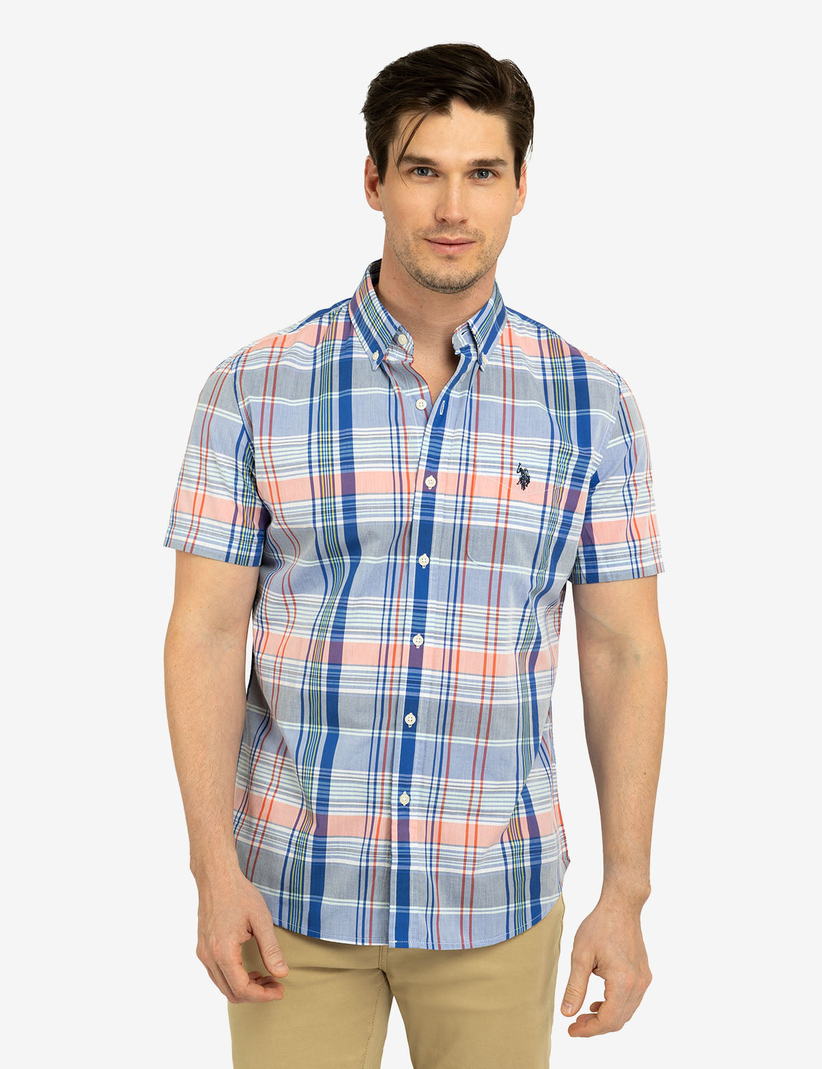 Plaid Short Sleeve Shirt with Chest Pocket - Casual Woven Top