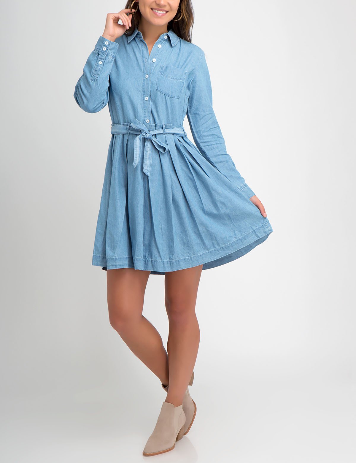 Pleated Denim Dress with Long Sleeves & Waist Tie