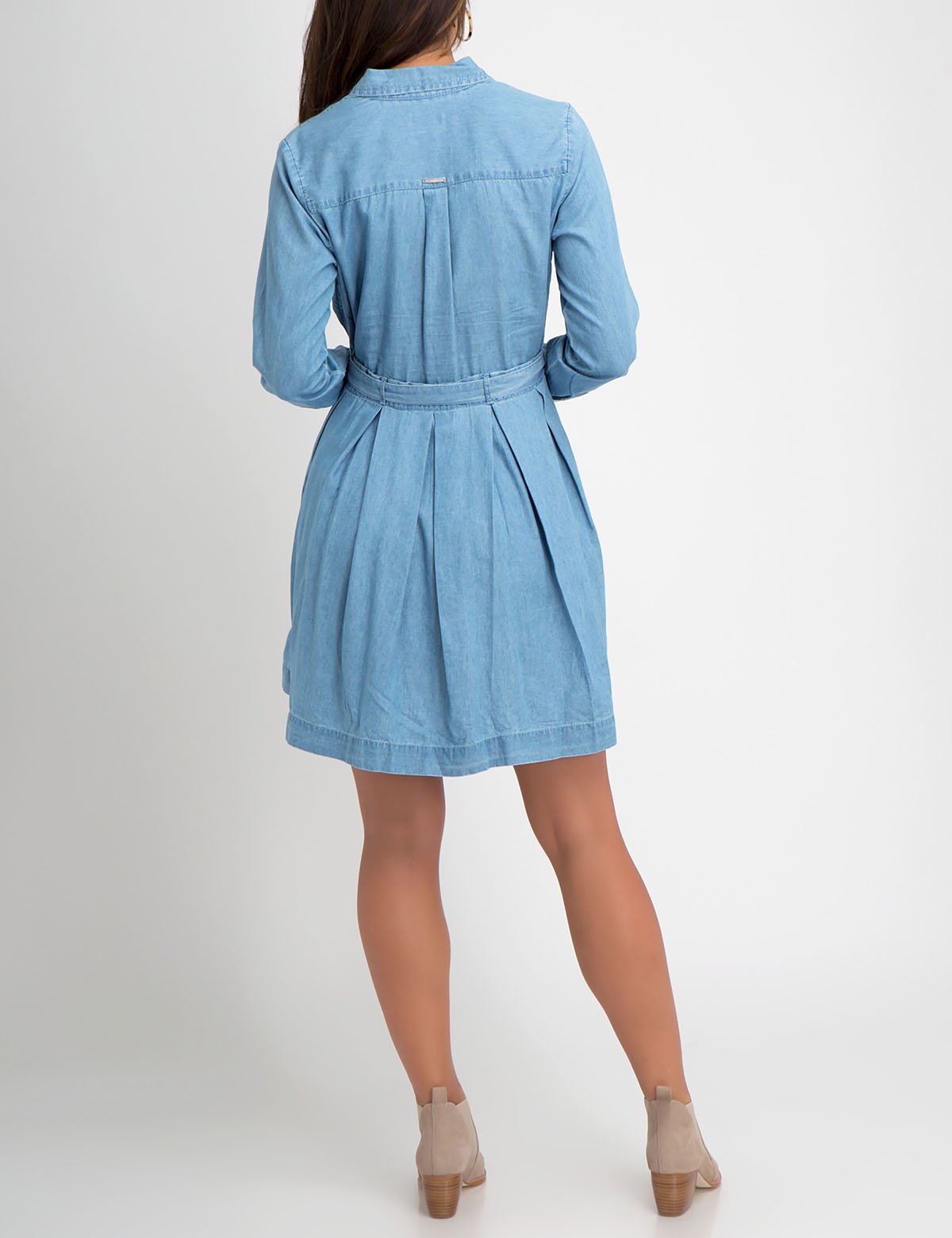 Pleated Denim Dress with Long Sleeves & Waist Tie
