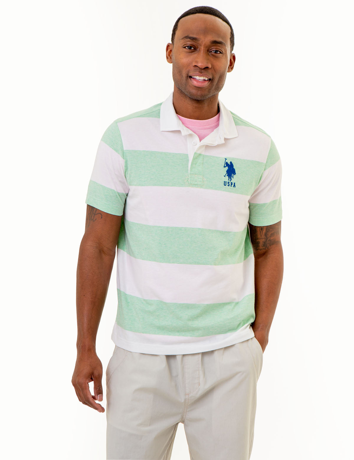 Men's Rugby Stripe Polo Shirt - Cotton Poplin Collar with Embroidered Logo