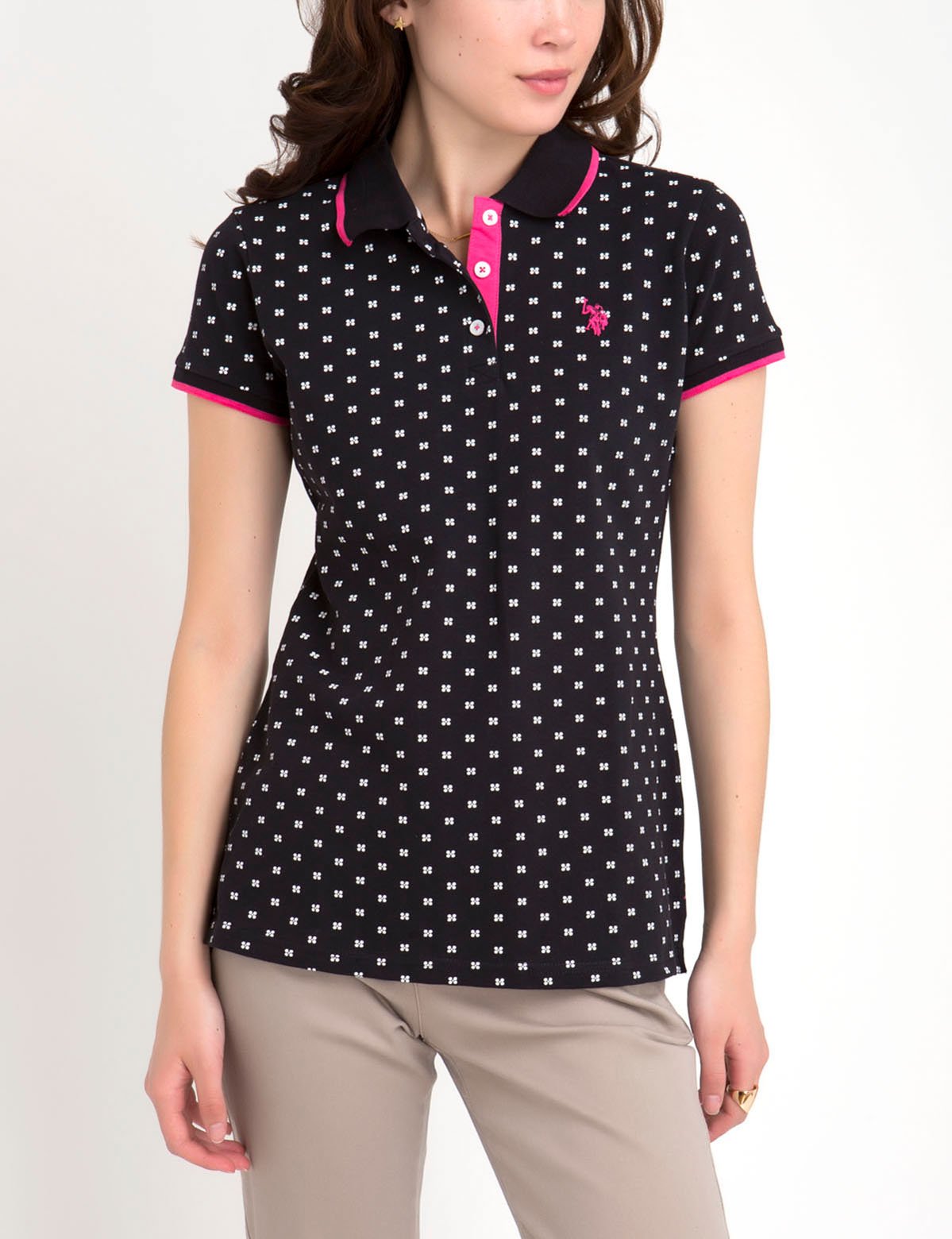 Men's Cotton Spandex Polo Shirt with Dot Print & Ribbed Collar