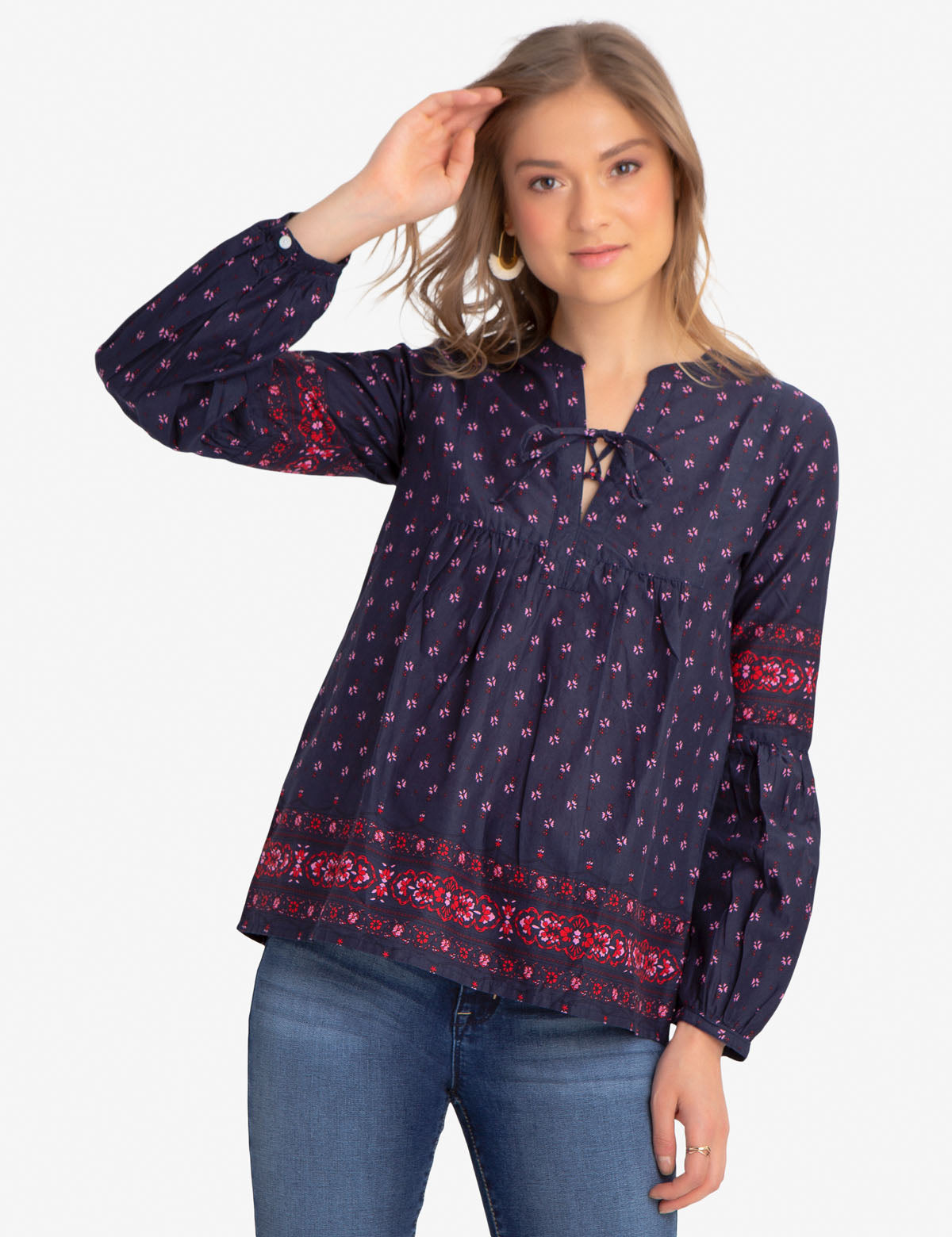 Floral Print Cotton Lace-Up Shirt with Long Sleeves
