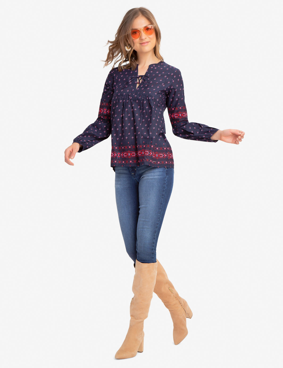 Floral Print Cotton Lace-Up Shirt with Long Sleeves
