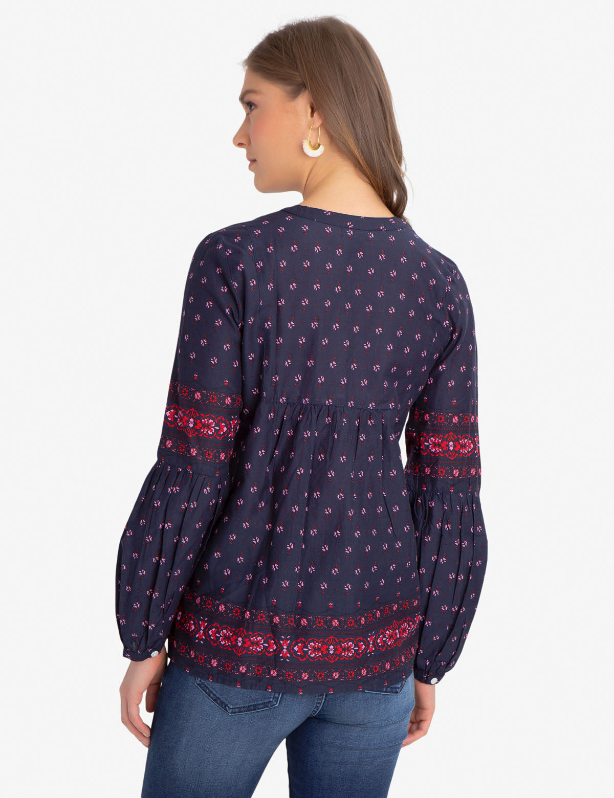 Floral Print Cotton Lace-Up Shirt with Long Sleeves