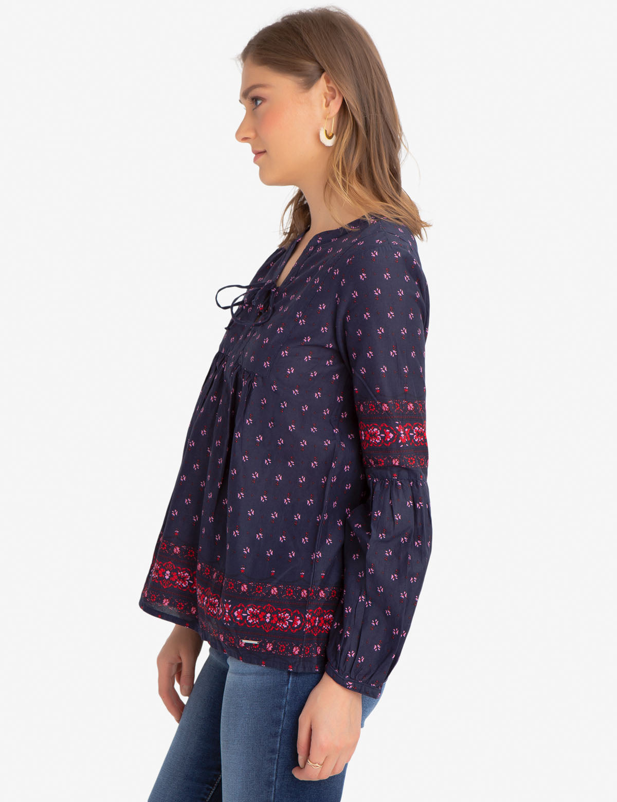 Floral Print Cotton Lace-Up Shirt with Long Sleeves