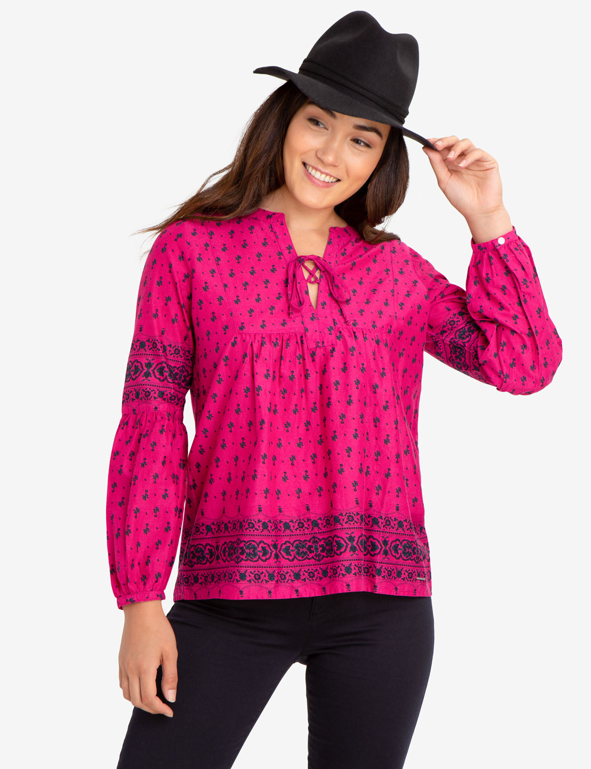 Floral Print Cotton Lace-Up Shirt with Long Sleeves
